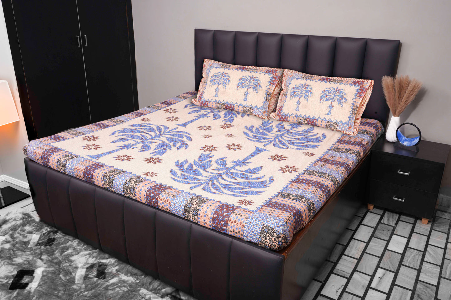 Blue Palm Tree Cotton Bedsheet Set