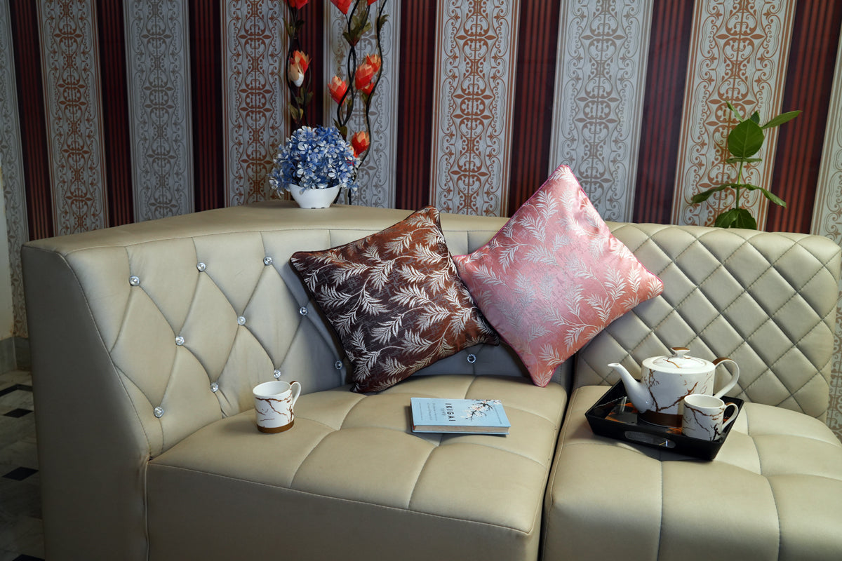 Leaf Whisper Cushion Covers – Brown & Peach Combo Set