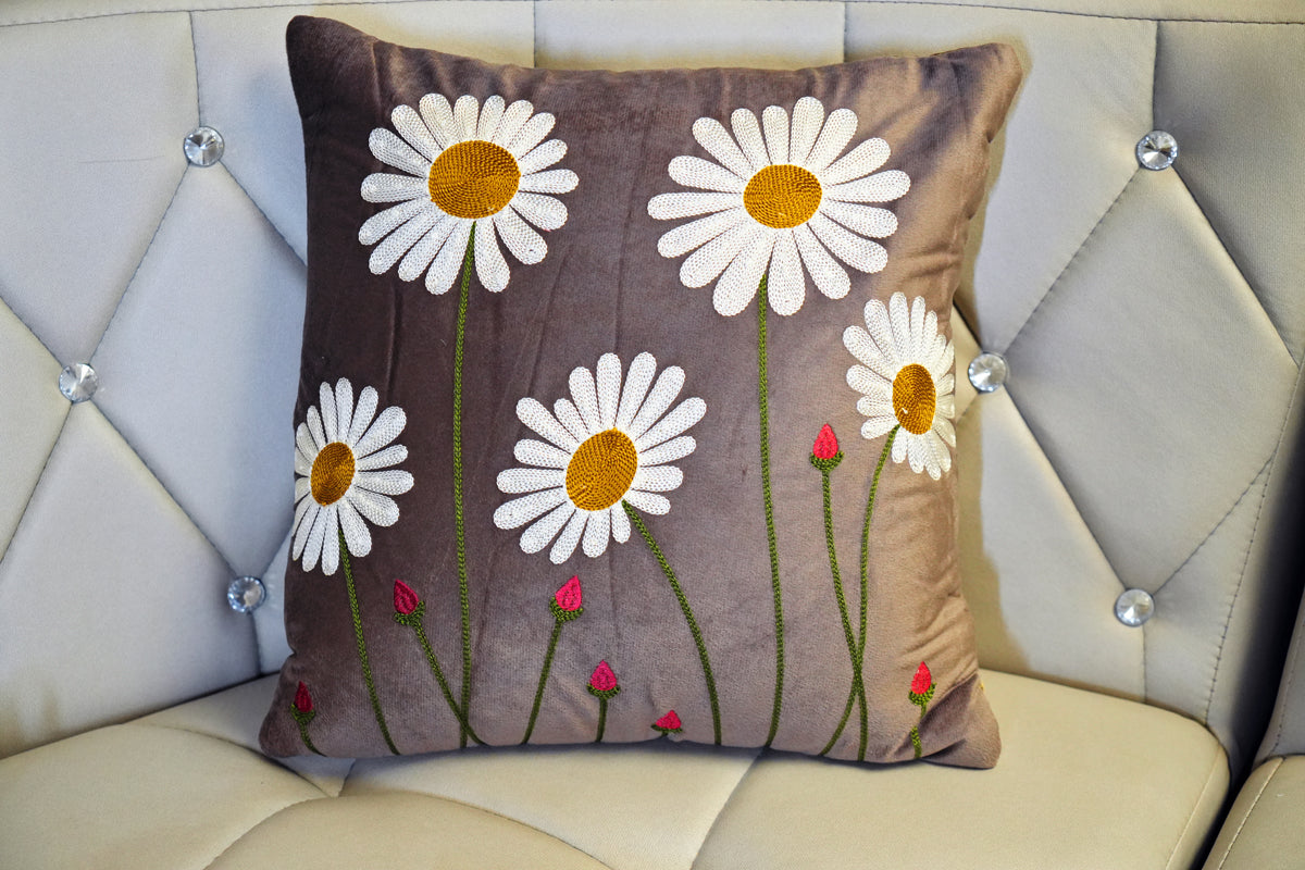 Daisy Bloom Embroidered Cushion Cover
