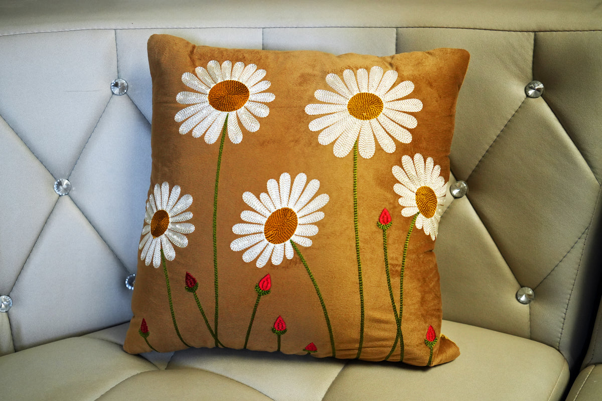Daisy Bloom Embroidered Cushion Cover