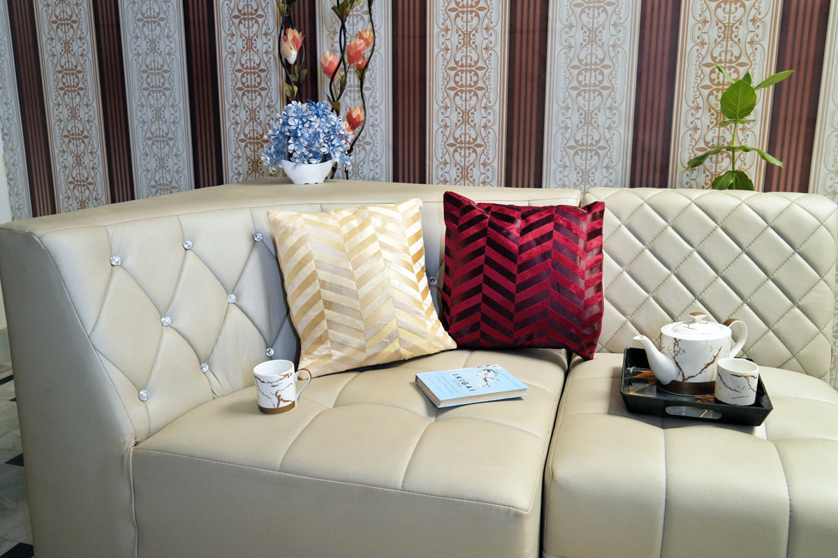 Heritage Zig Velvet Cushion Cover – Champagne Gold & Royal Maroon