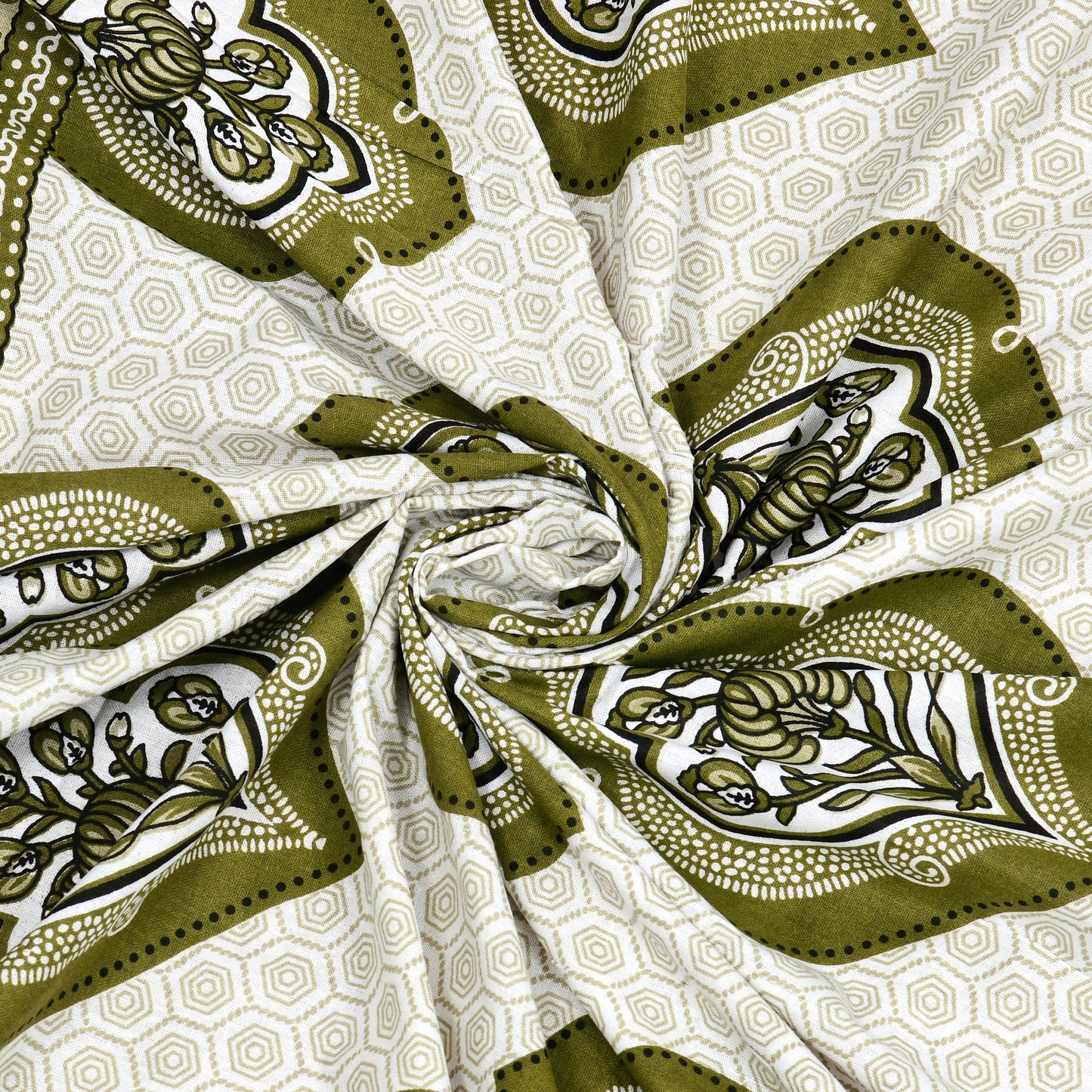 Olive Green Mughal Motif - Double Size - 100% Cotton Bedsheet