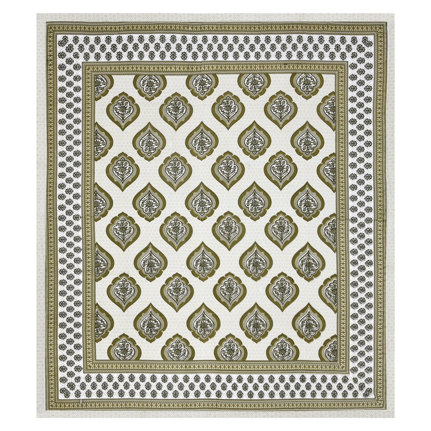 Olive Green Mughal Motif - Double Size - 100% Cotton Bedsheet