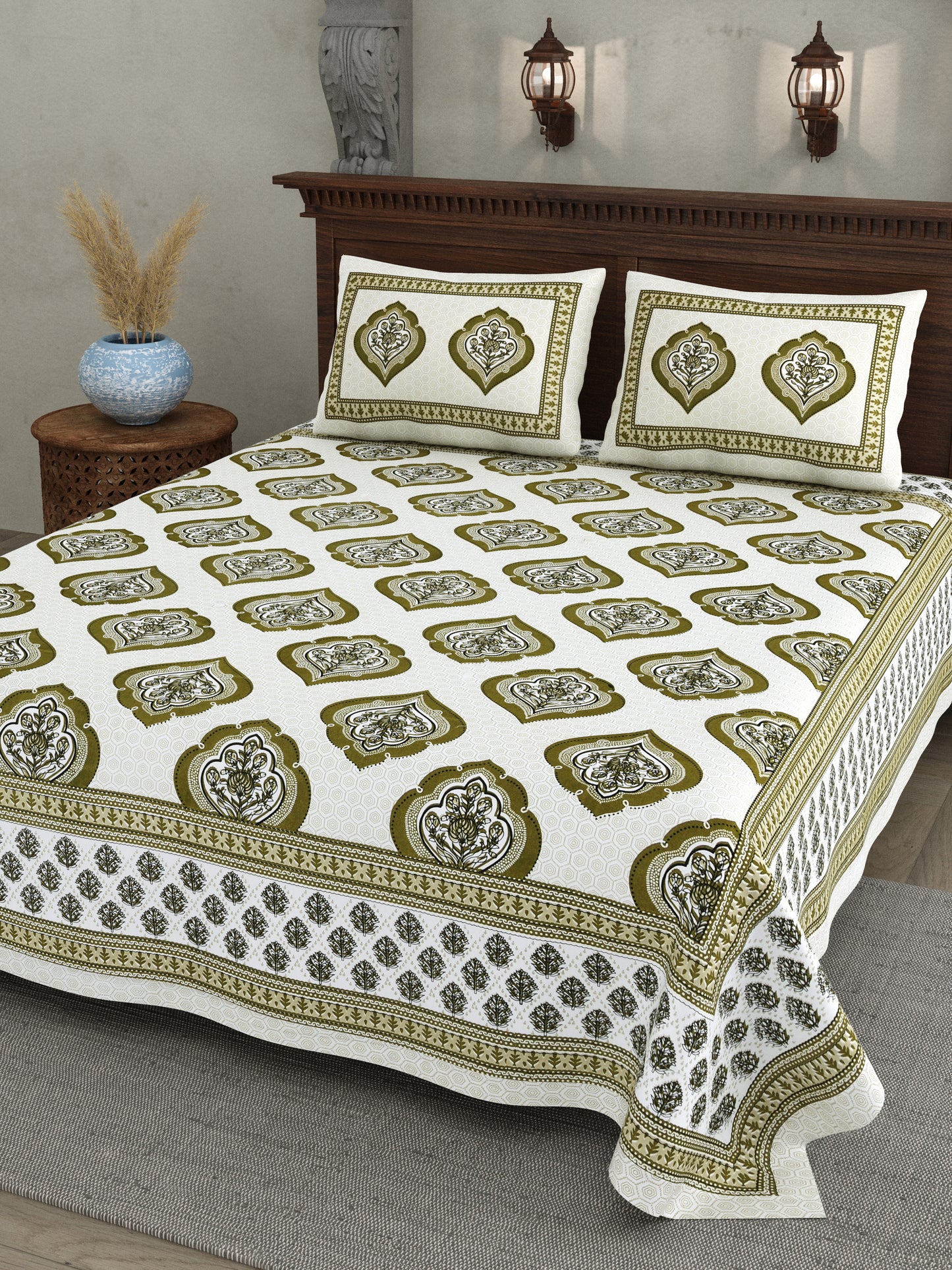 Olive Green Mughal Motif - Double Size - 100% Cotton Bedsheet