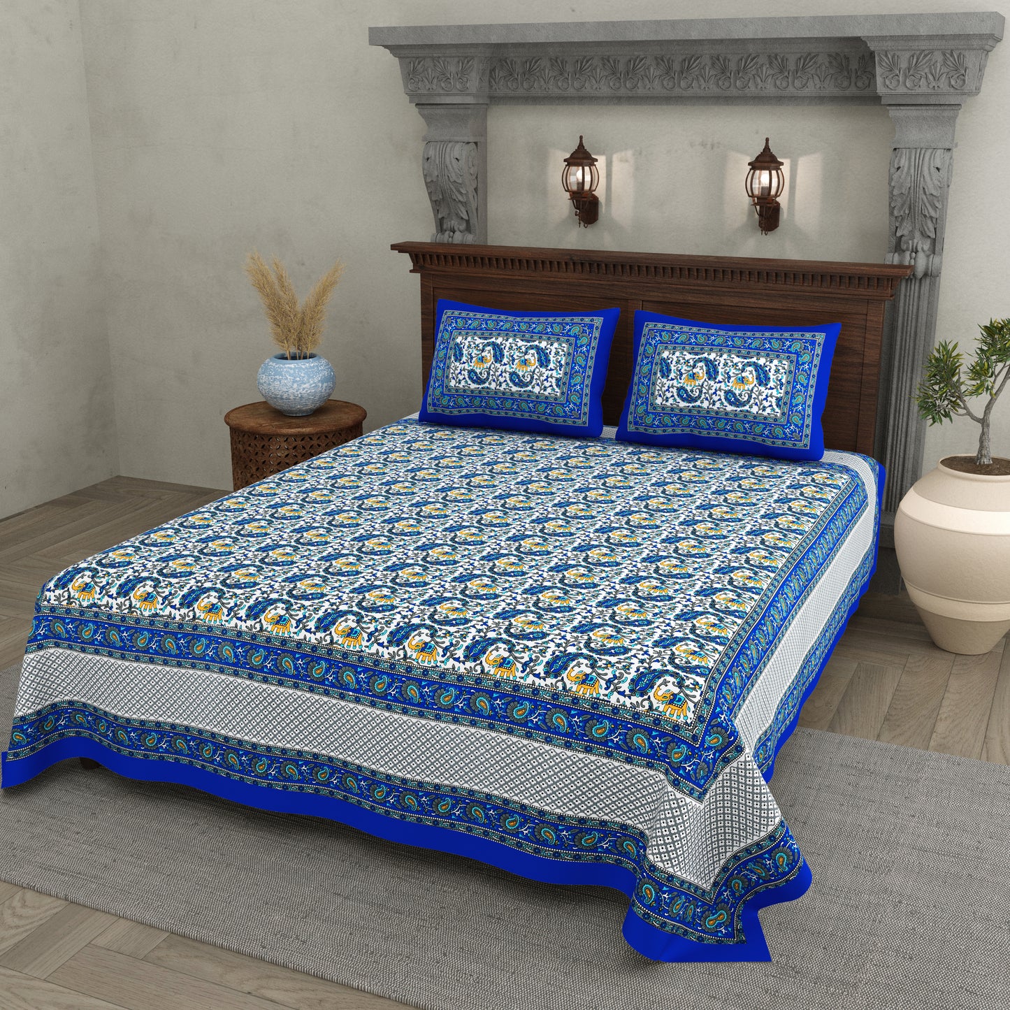 Royal Blue Reverie – Majestic Elephant Print Bedsheet in Pure Cotton