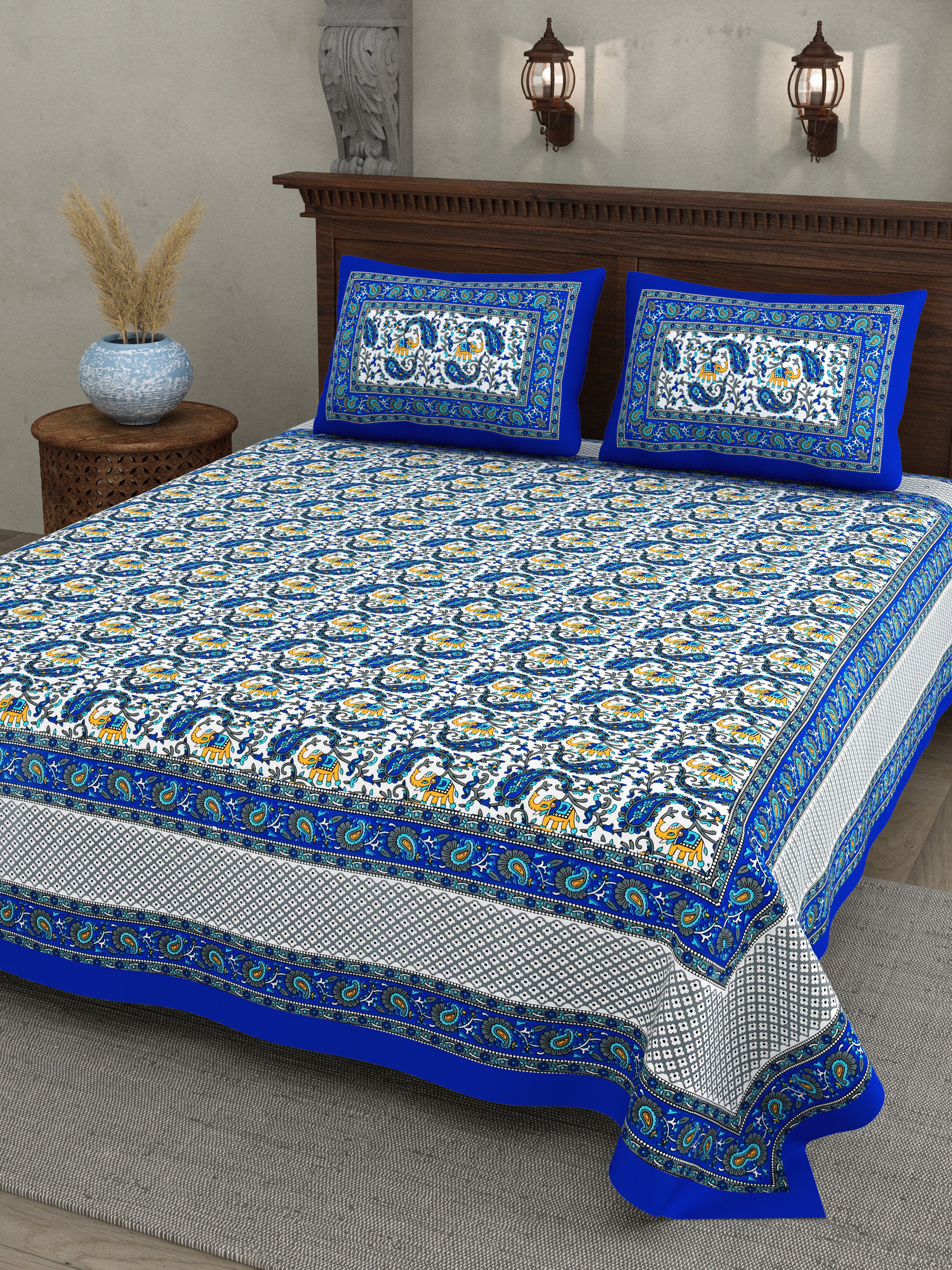 Royal Blue Reverie – Majestic Elephant Print Bedsheet in Pure Cotton