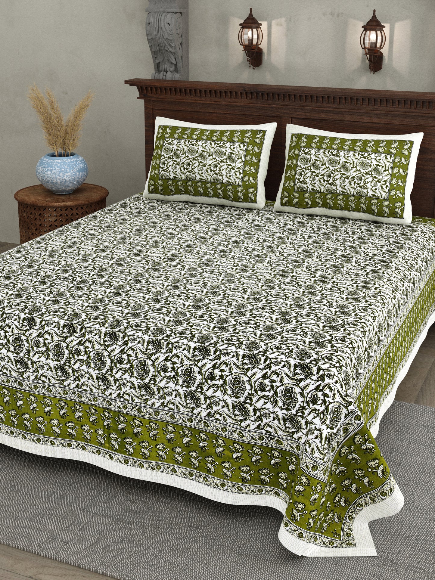 Verdant Charm – Olive Green Floral Symphony Bedsheet in Pure Cotton