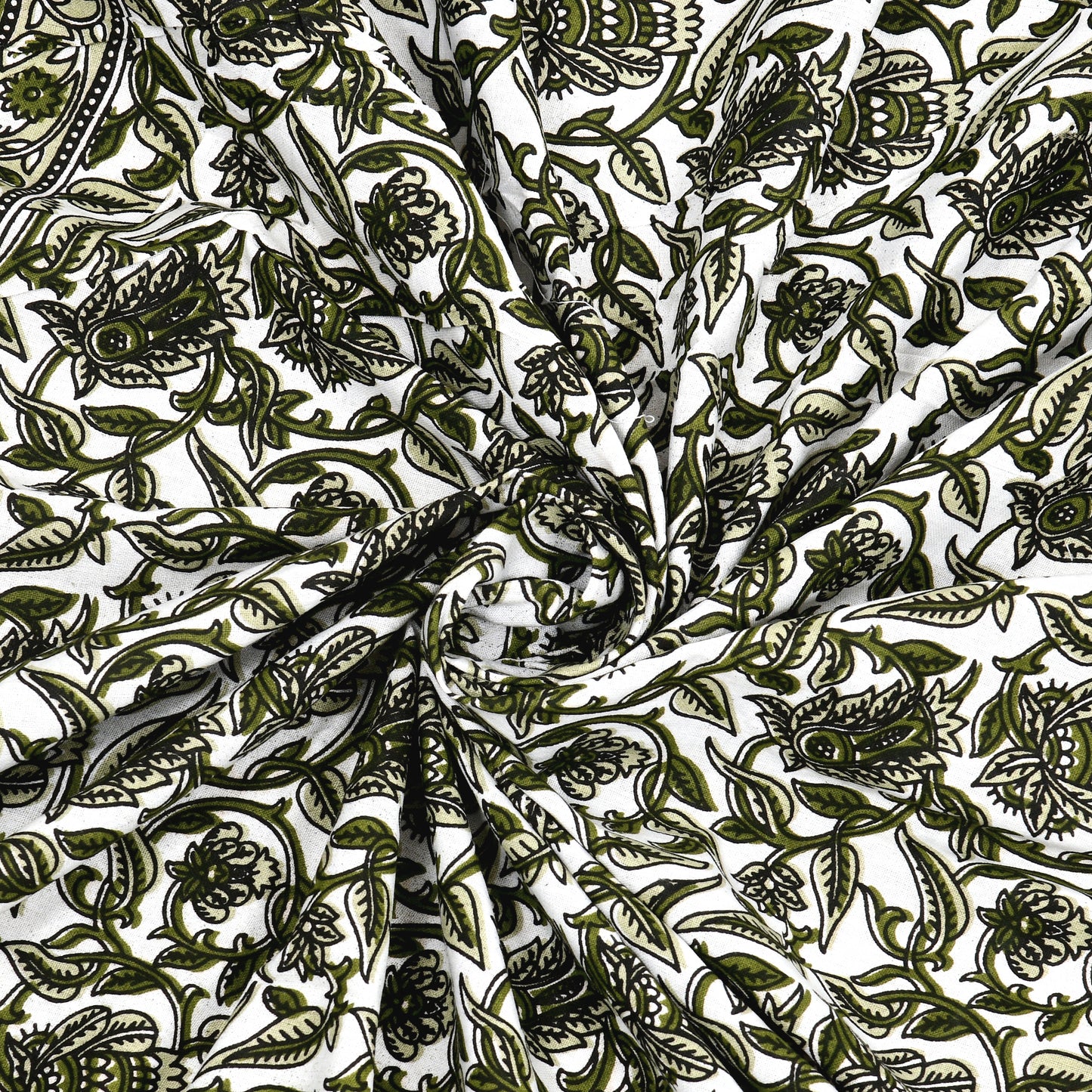 Verdant Charm – Olive Green Floral Symphony Bedsheet in Pure Cotton