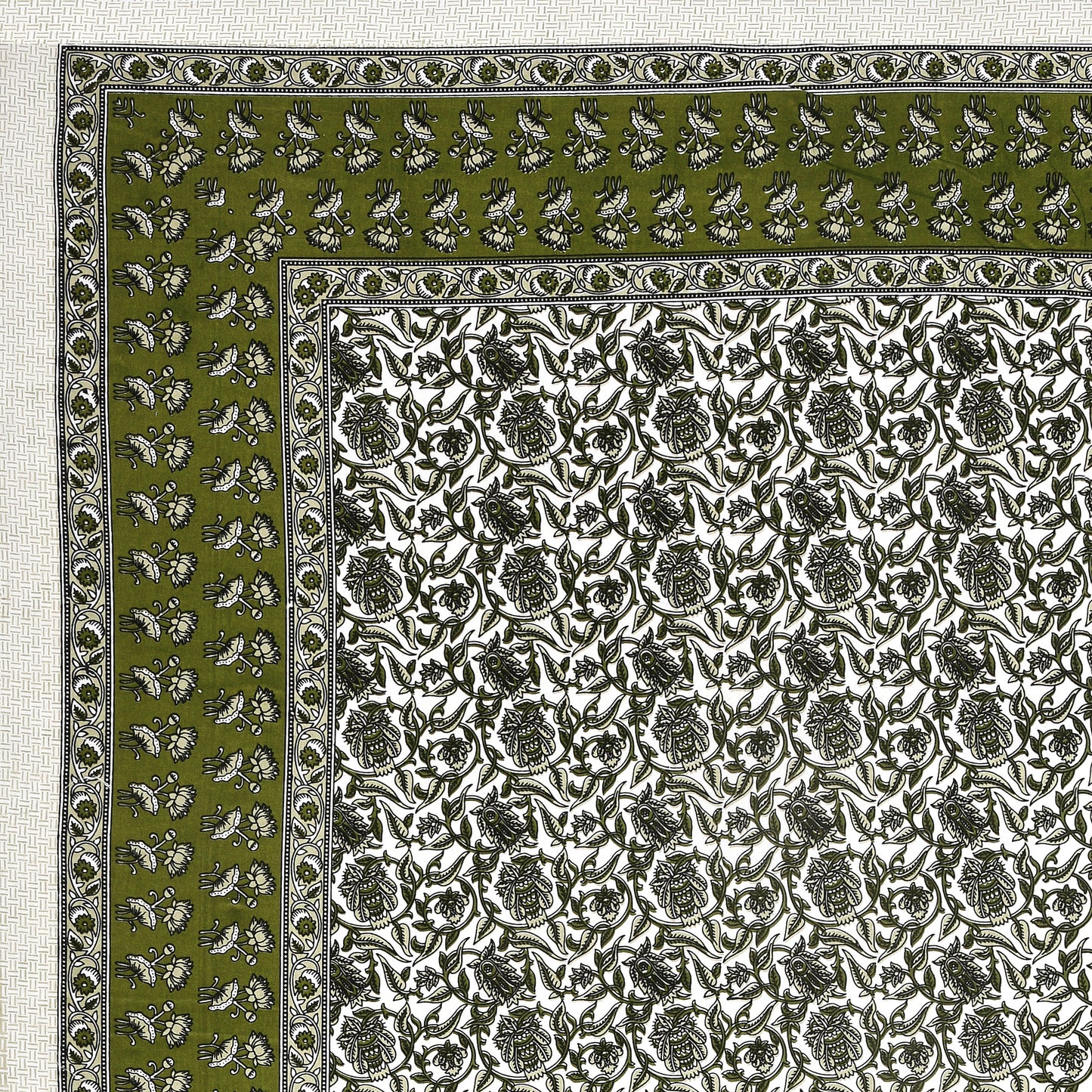 Verdant Charm – Olive Green Floral Symphony Bedsheet in Pure Cotton