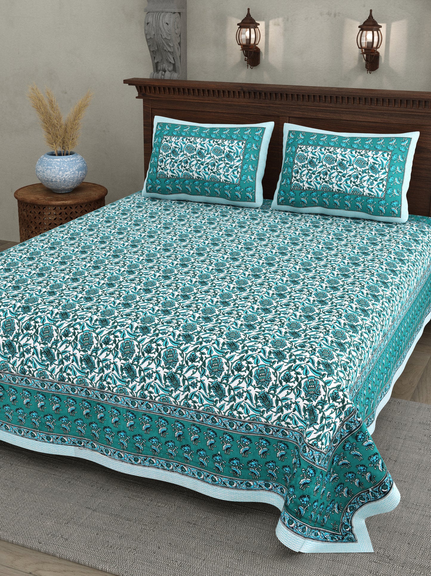 Teal Tranquility – Floral Cotton Bedsheet Set