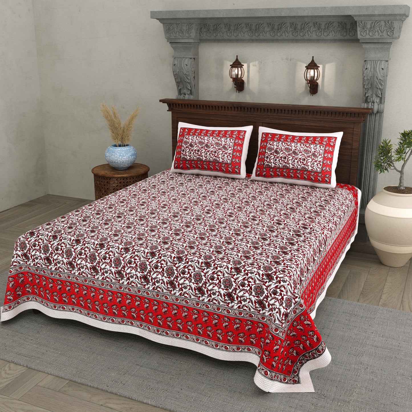Scarlet Bloom – Red Floral Cotton Bedsheet Set