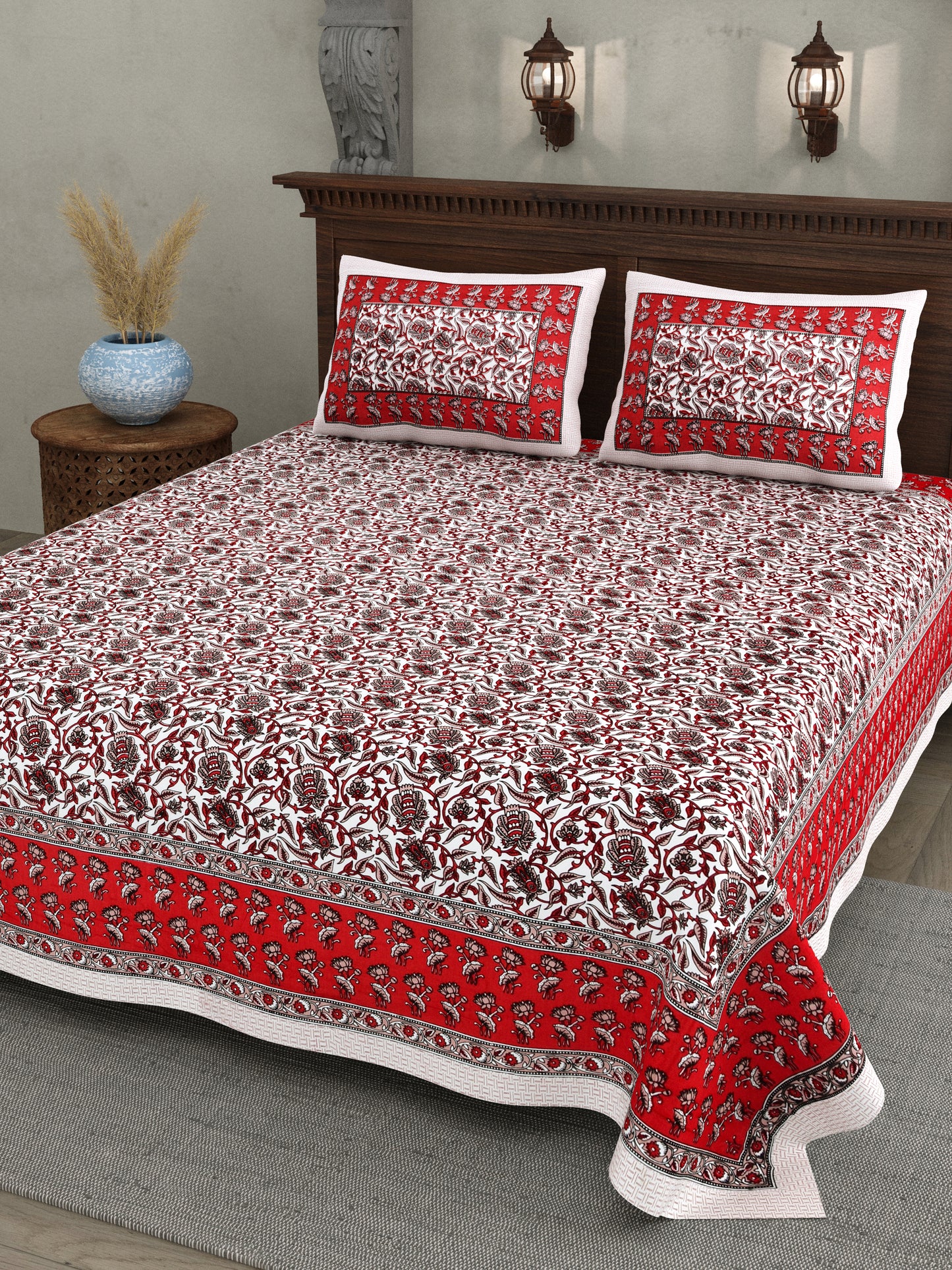 Scarlet Bloom – Red Floral Cotton Bedsheet Set