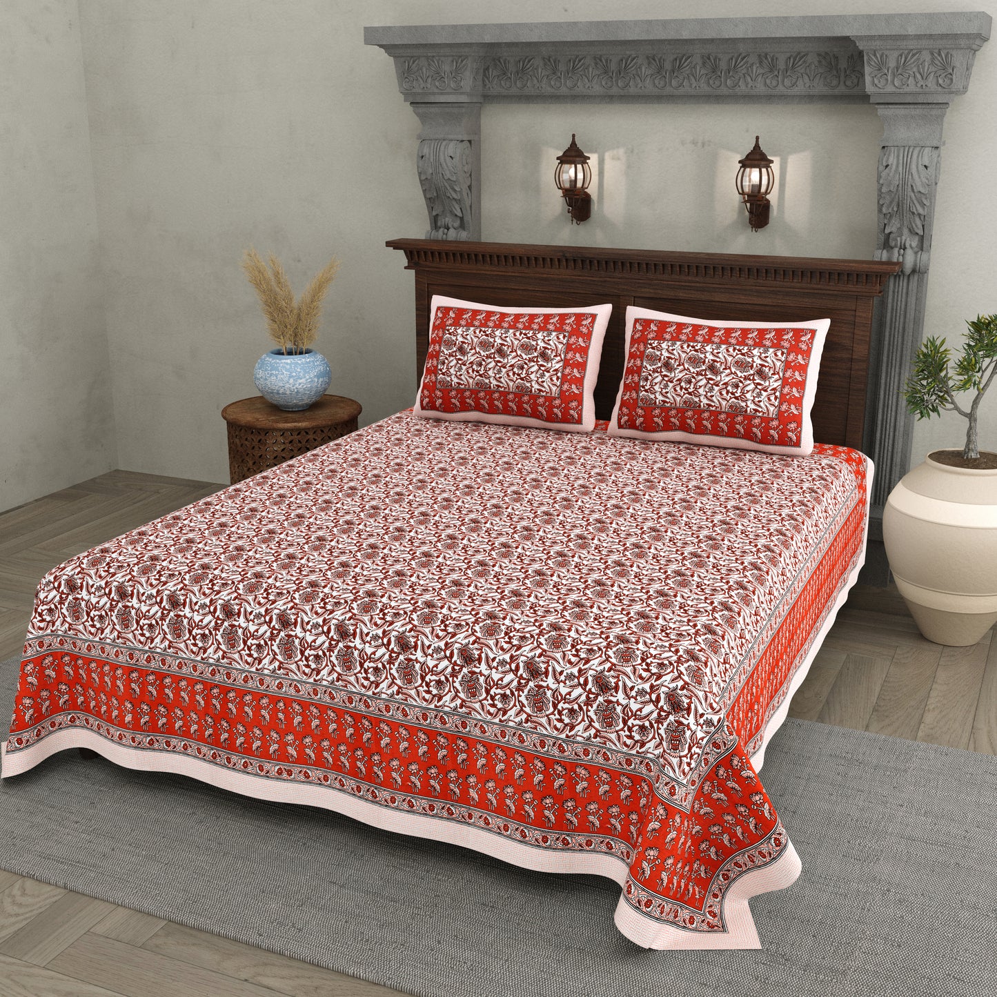 Classic Crimson Floral Cotton Bedsheet – Traditional Red & White Print