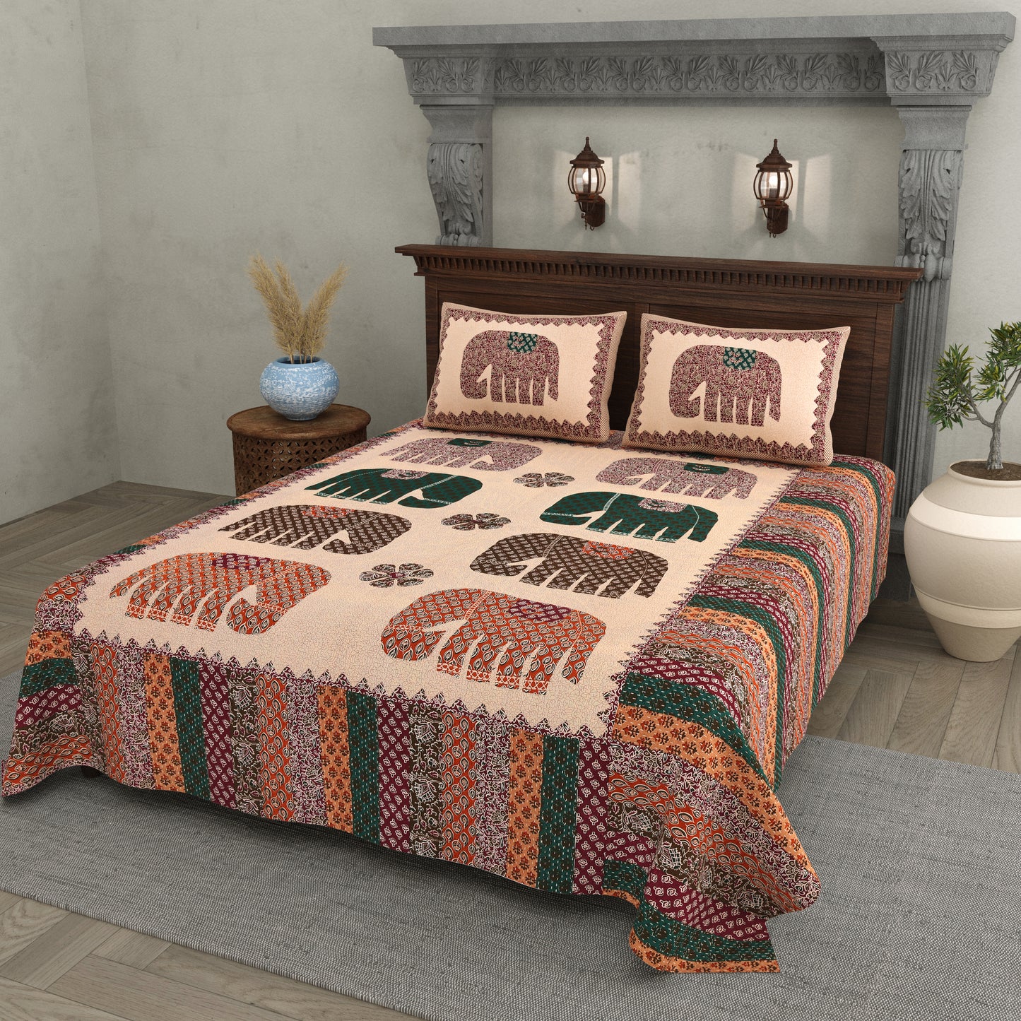Elephant Motif Cotton Bedsheet – Multicolor Print