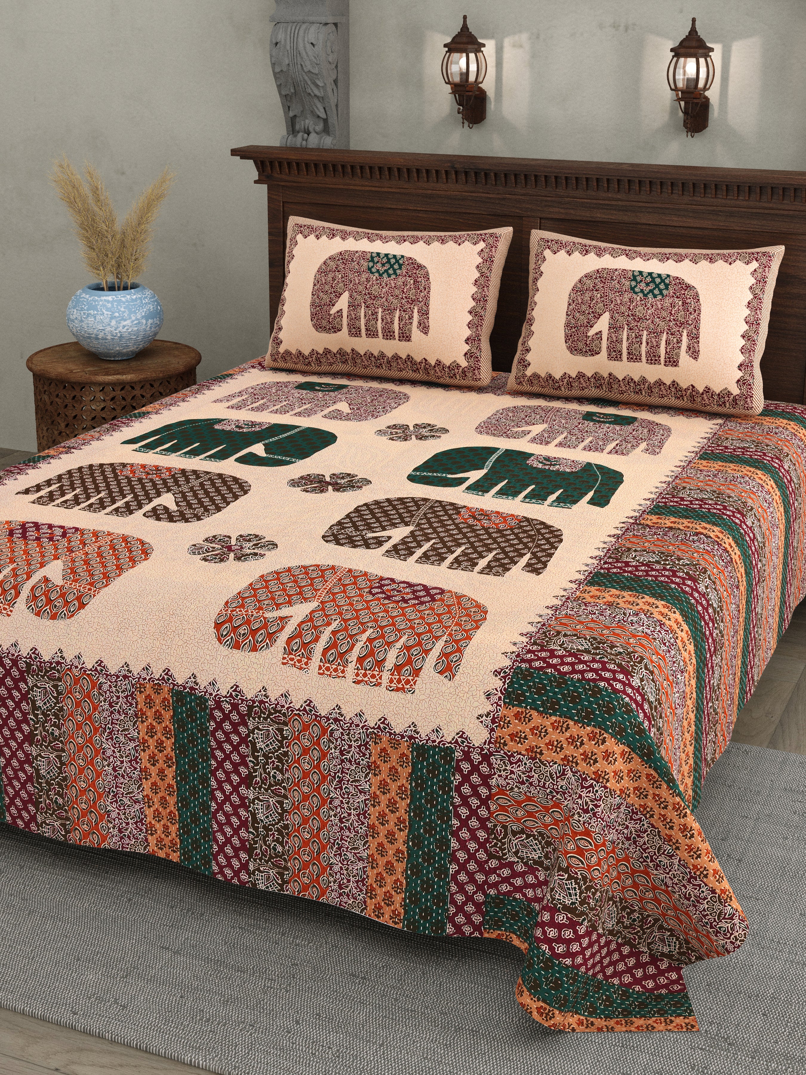 Elephant Motif Cotton Bedsheet – Multicolor Print
