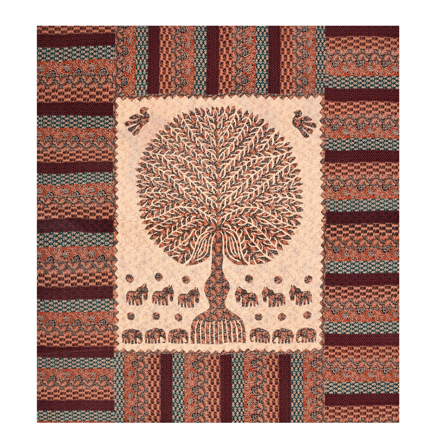Tree of Life Cotton Bedsheet – Elephant Motif, Multicolor, 90x100 Inches