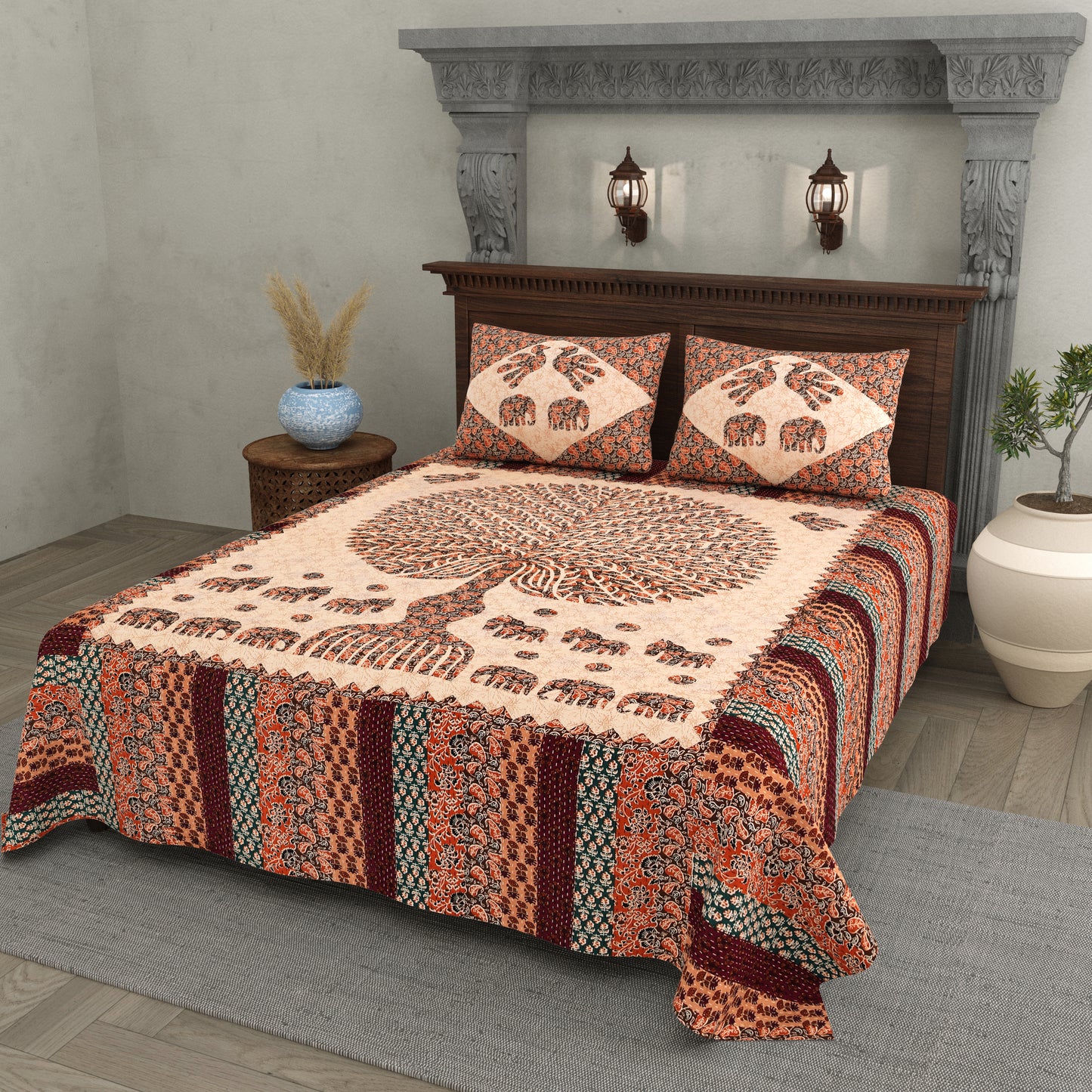 Tree of Life Cotton Bedsheet – Elephant Motif, Multicolor, 90x100 Inches