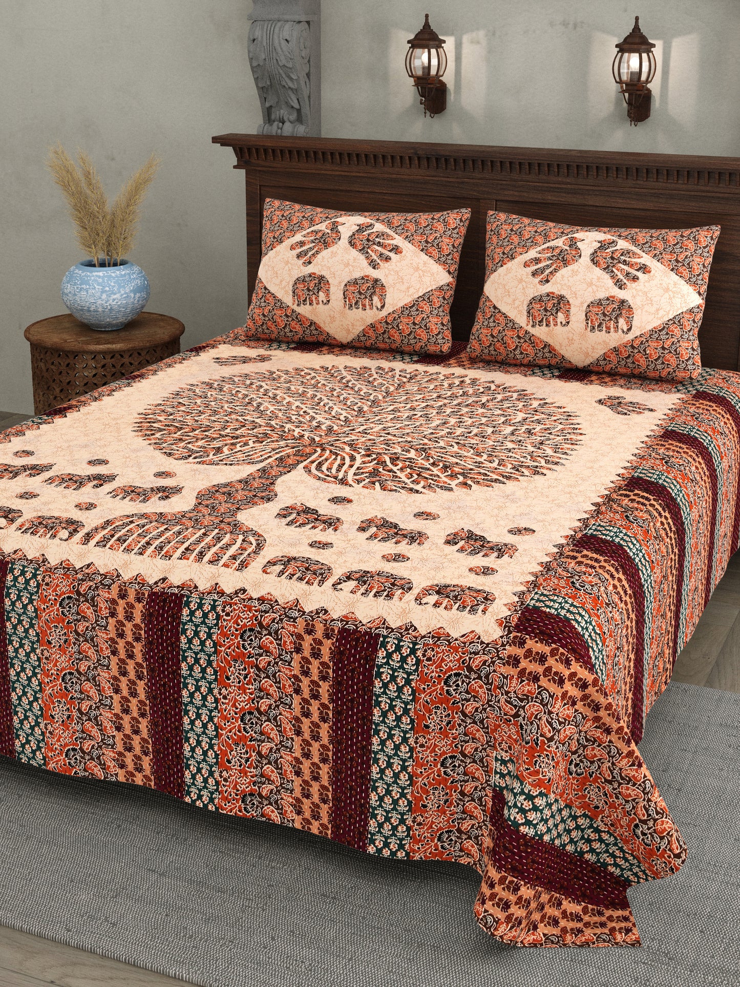 Tree of Life Cotton Bedsheet – Elephant Motif, Multicolor, 90x100 Inches