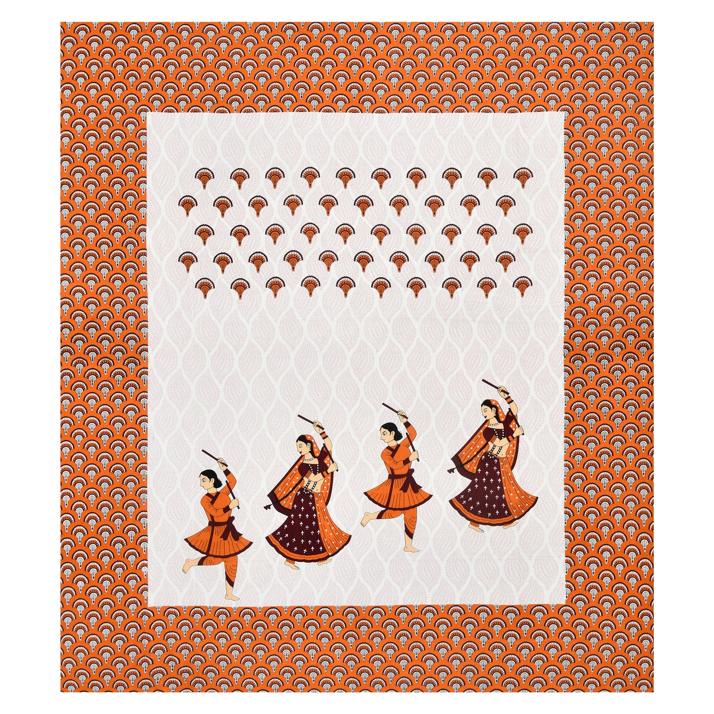 Garba Dance Print Cotton Bedsheet – Orange Ethnic Folk Art Design