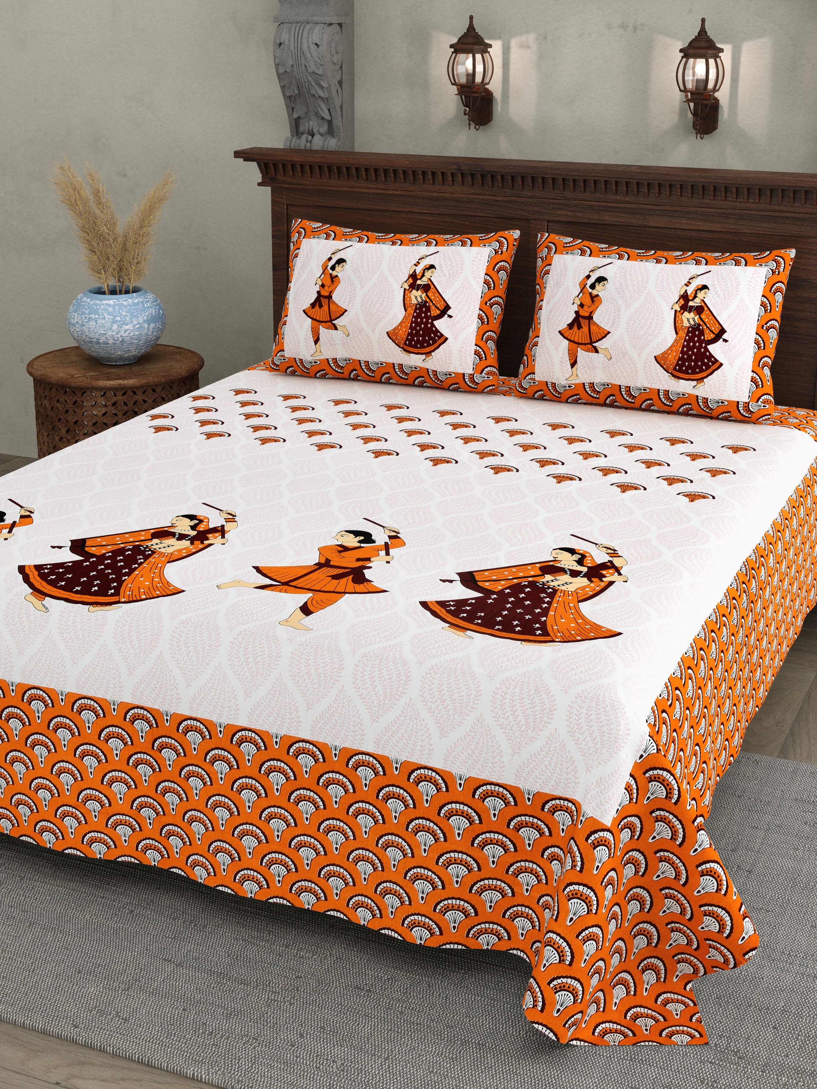 Garba Dance Print Cotton Bedsheet – Orange Ethnic Folk Art Design