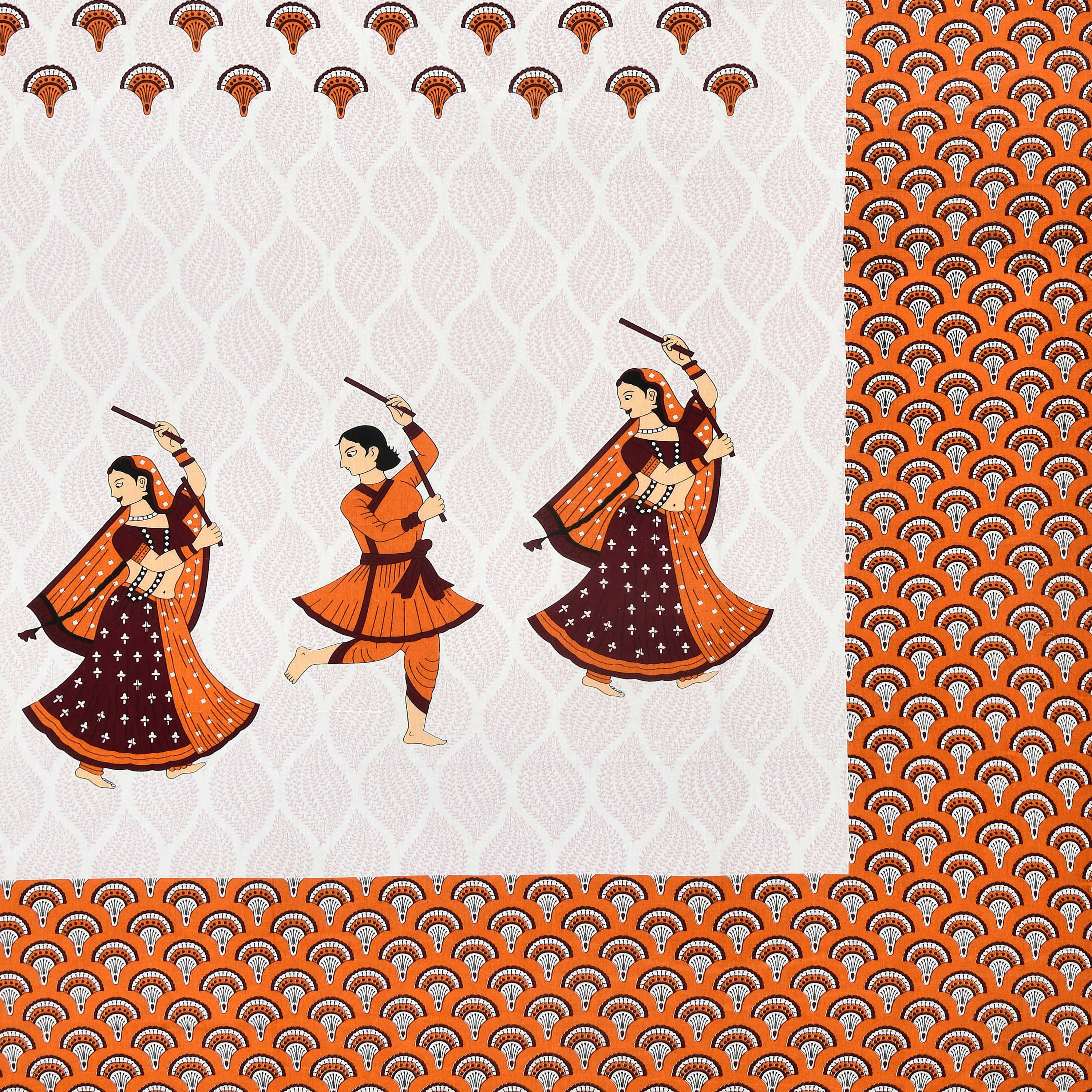 Garba Dance Print Cotton Bedsheet – Orange Ethnic Folk Art Design