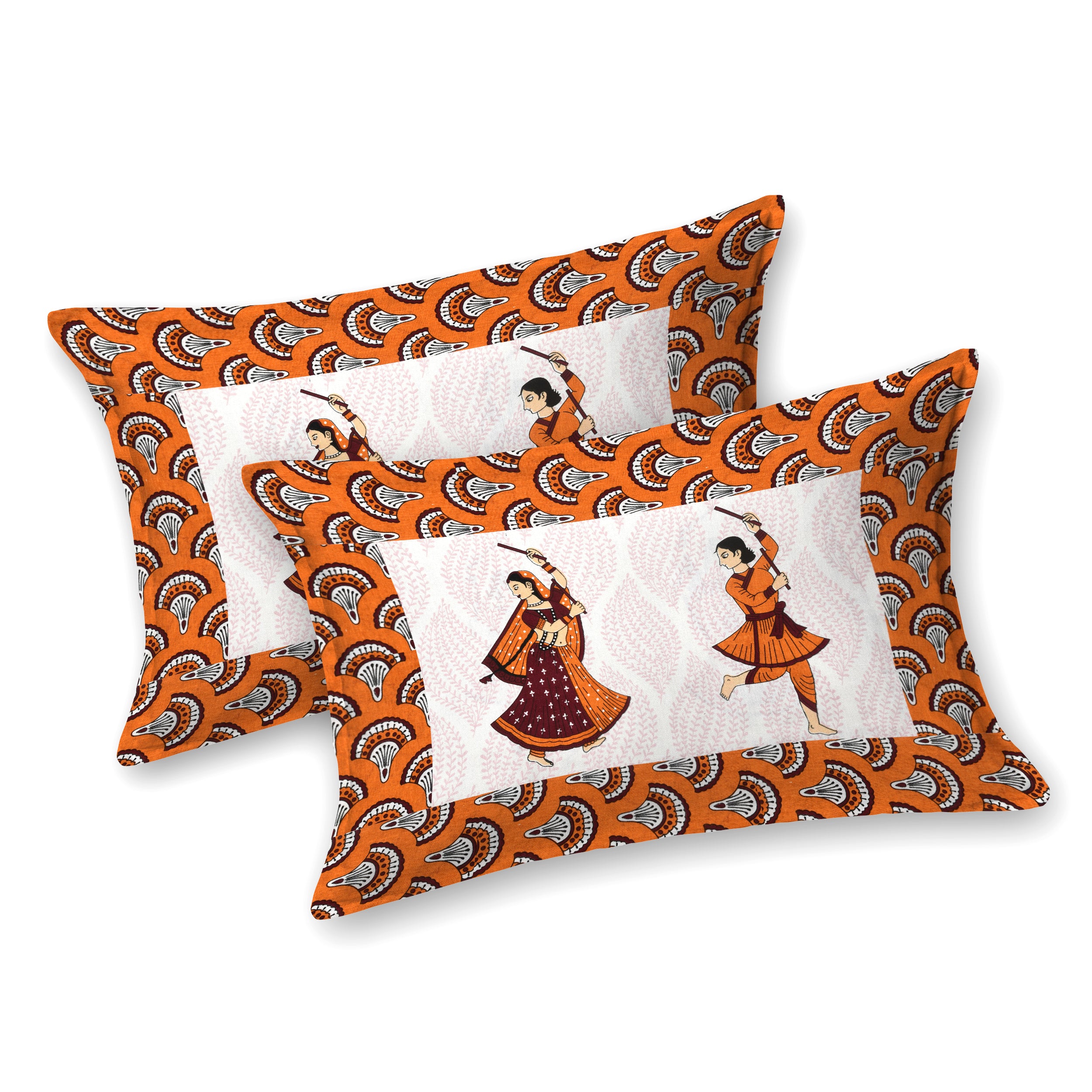 Garba Dance Print Cotton Bedsheet – Orange Ethnic Folk Art Design