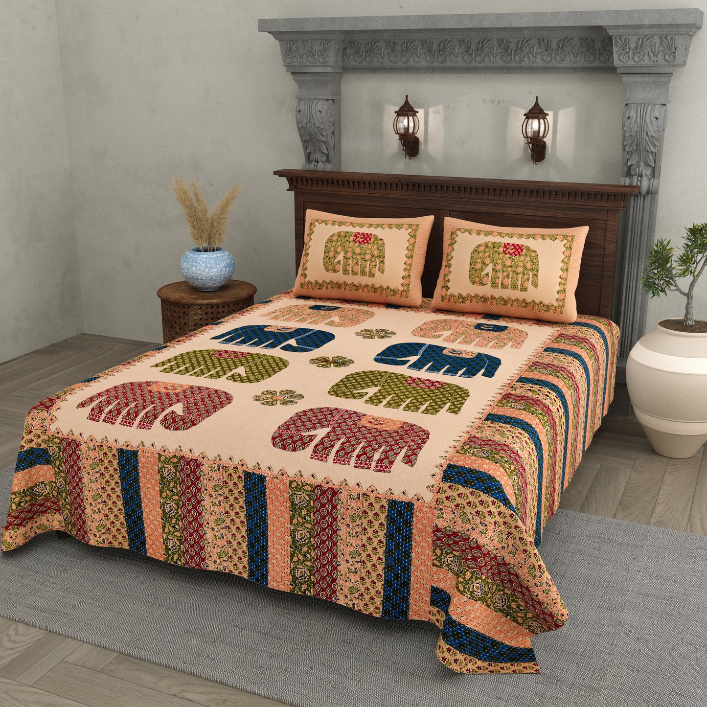 Elephant Motif Cotton Bedsheet – Multicolor Print