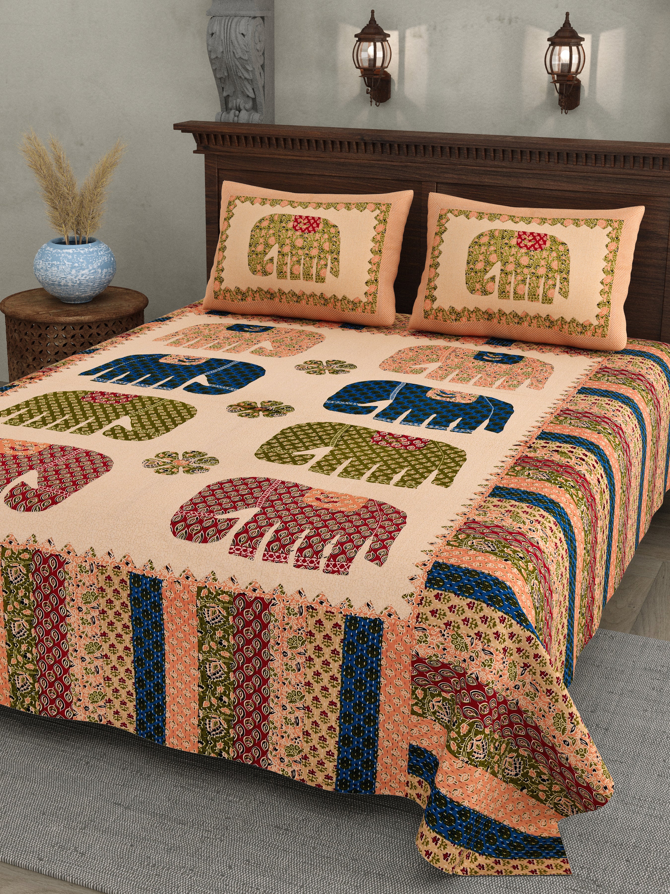 Royal Elephant Motif Cotton Bedsheet – Multicolor Print