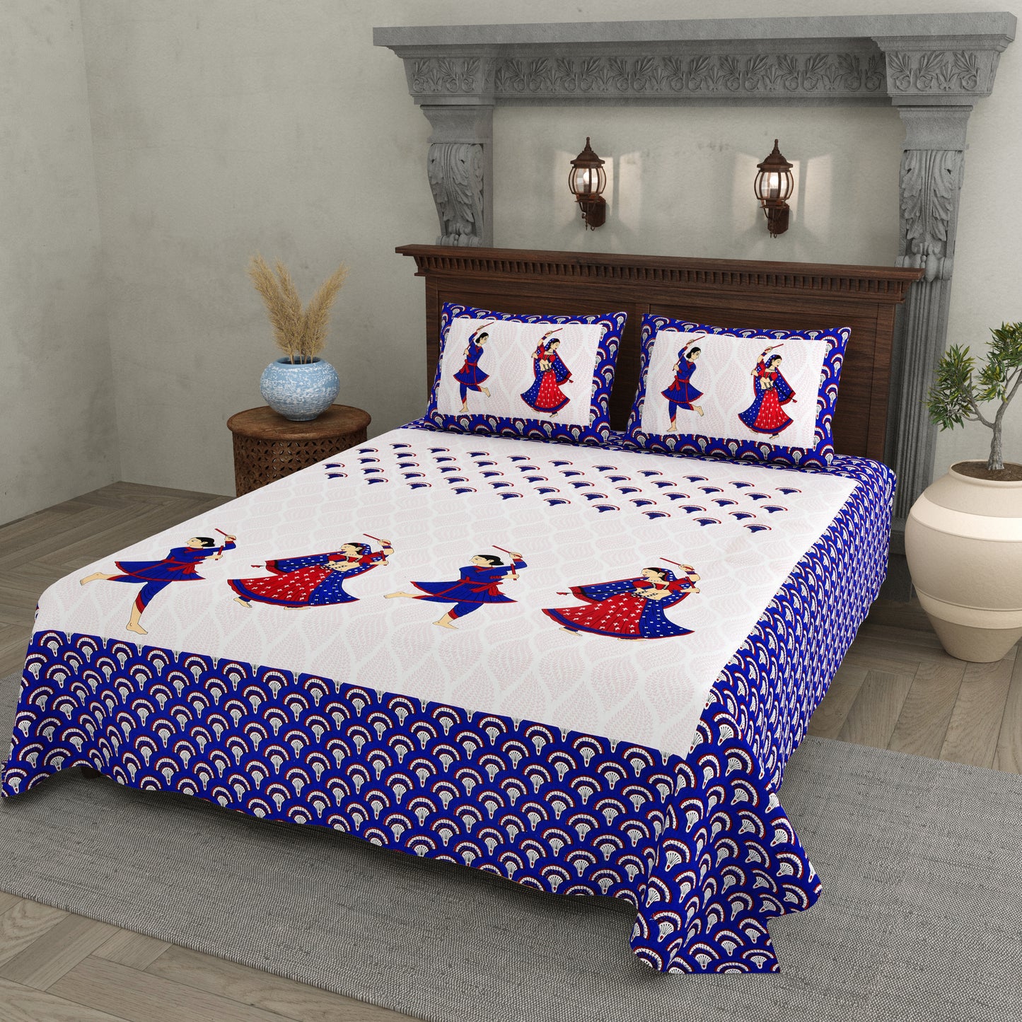 Royal Blue Garba Dance Print Cotton Bedsheet – Folk Art