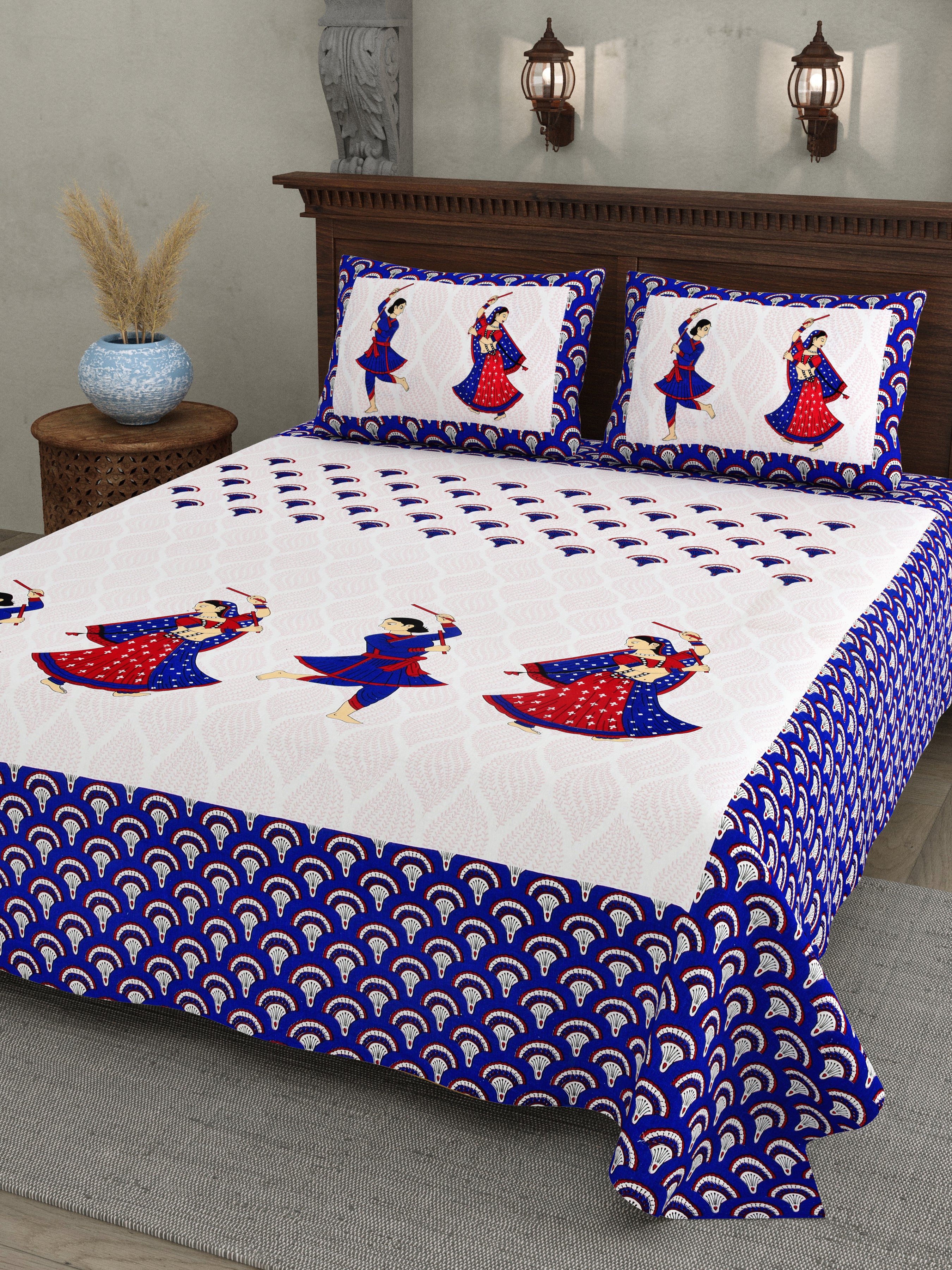 Royal Blue Garba Dance Print Cotton Bedsheet – Folk Art