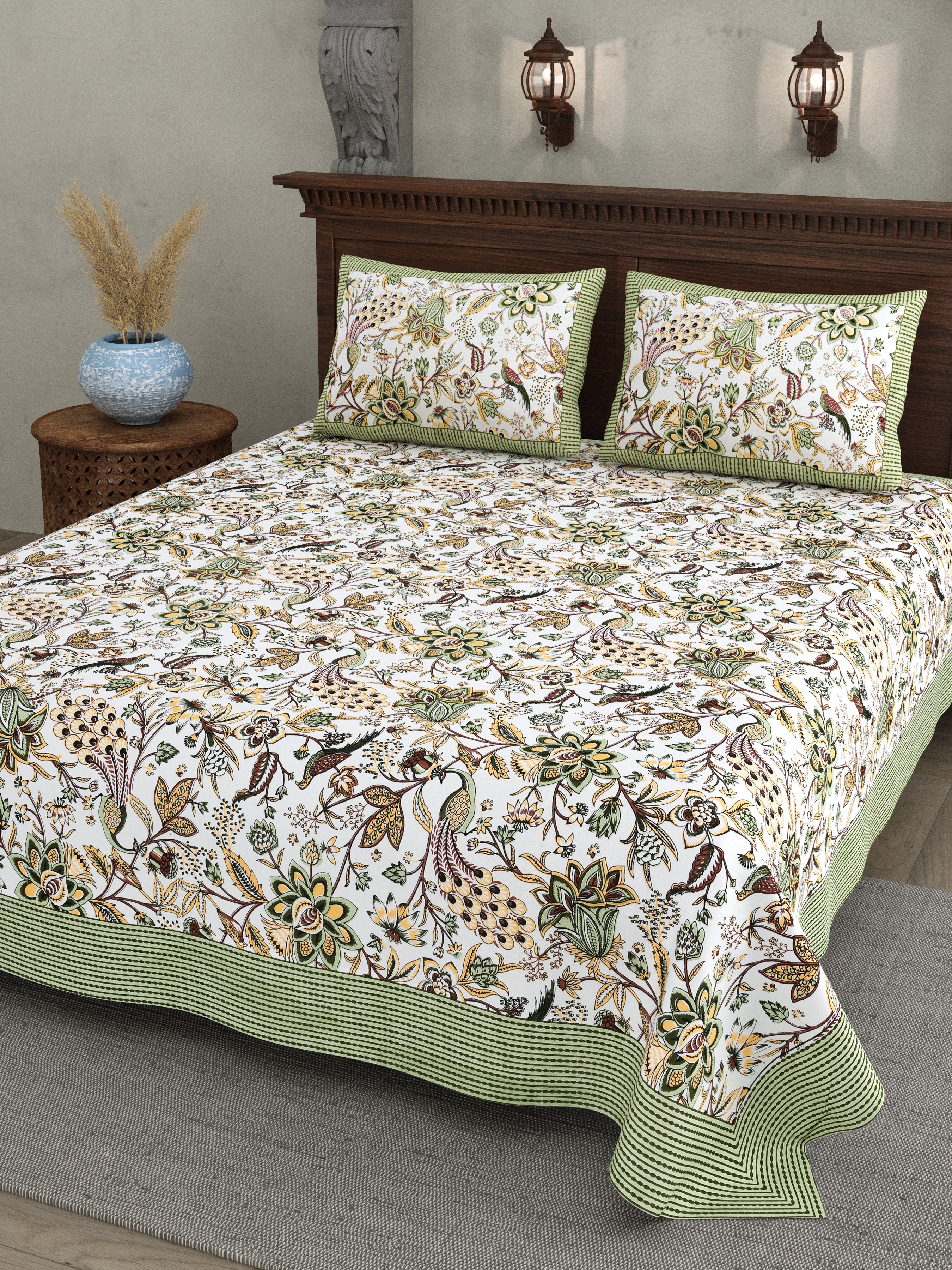 Elegant Rajasthani Peacock Print Bedsheet in Green