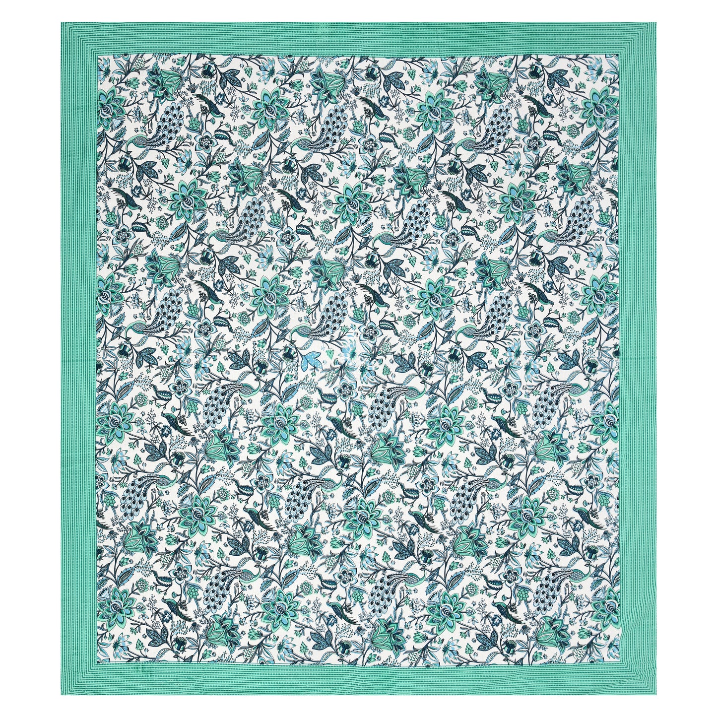 Blue-Green Jaipuri Peacock Print Cotton Bedsheet