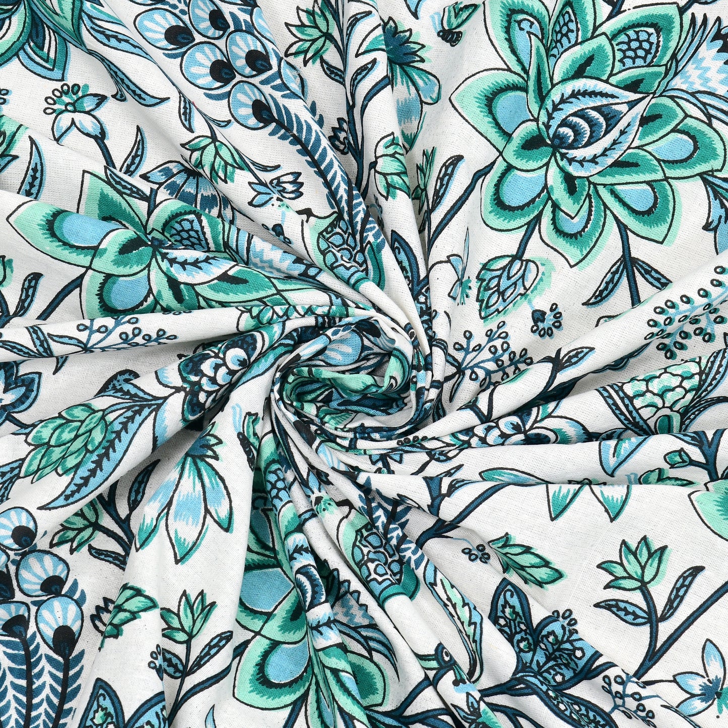 Blue-Green Jaipuri Peacock Print Cotton Bedsheet