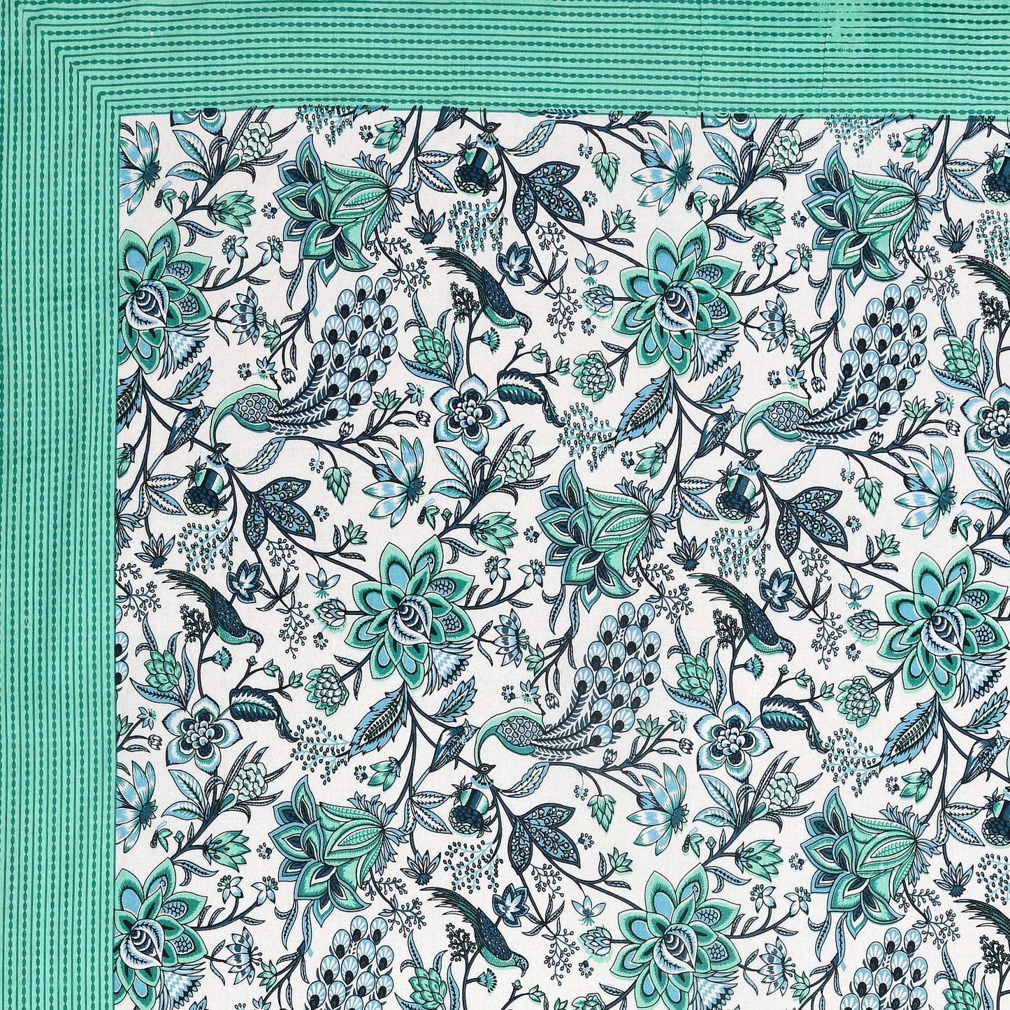 Blue-Green Jaipuri Peacock Print Cotton Bedsheet