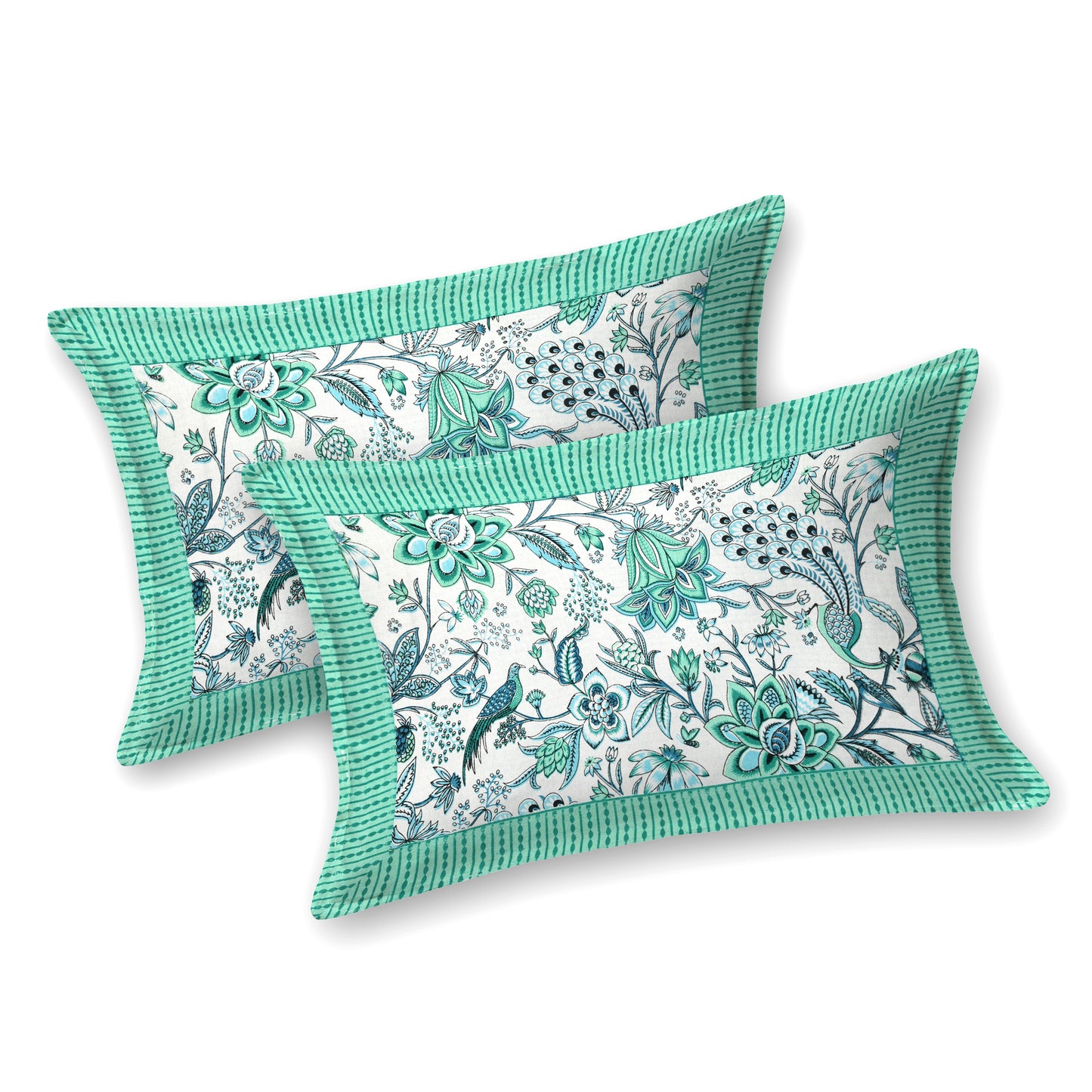Blue-Green Jaipuri Peacock Print Cotton Bedsheet