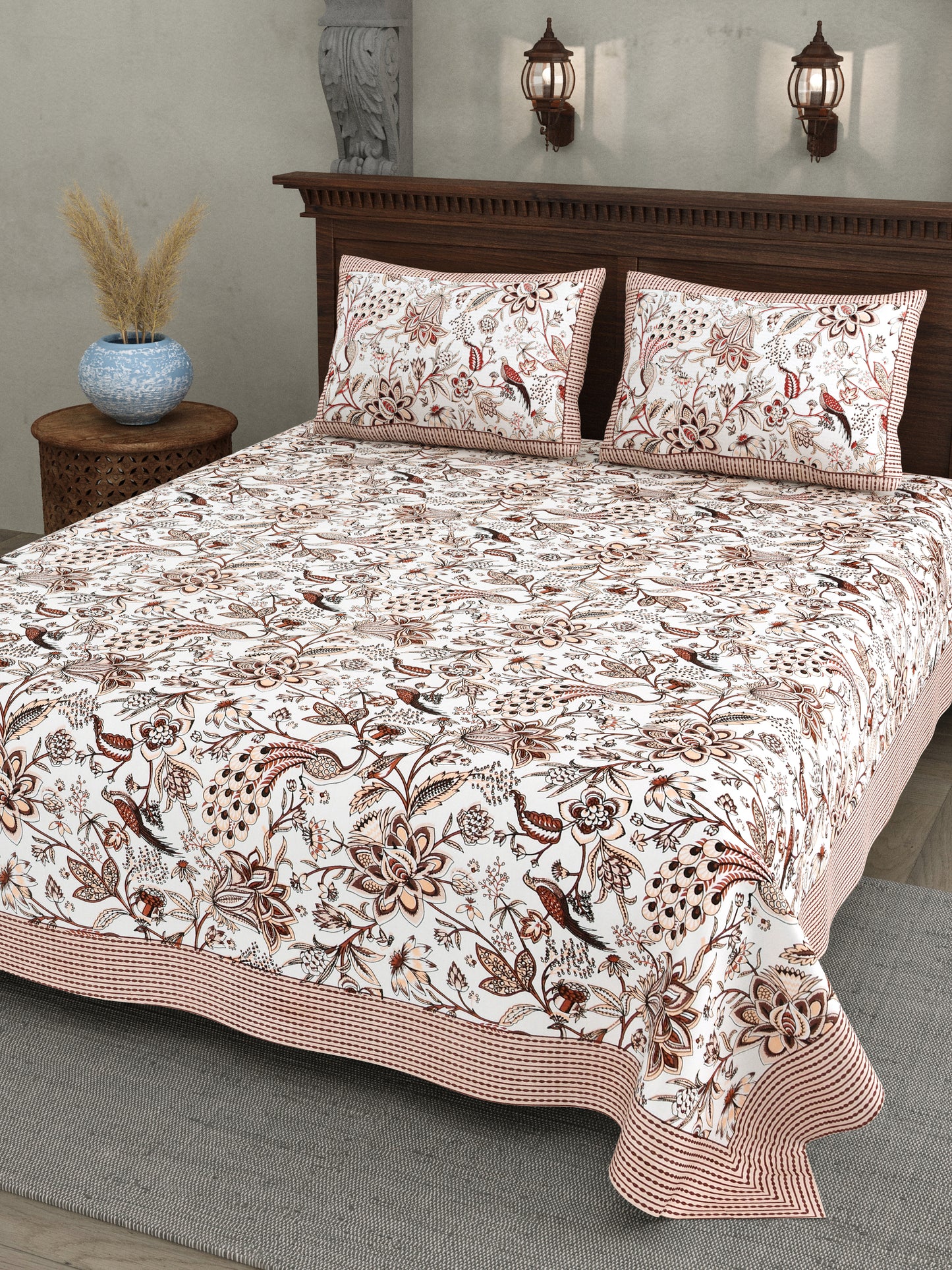Rust Brown Floral Peacock Jaipuri Bedsheet
