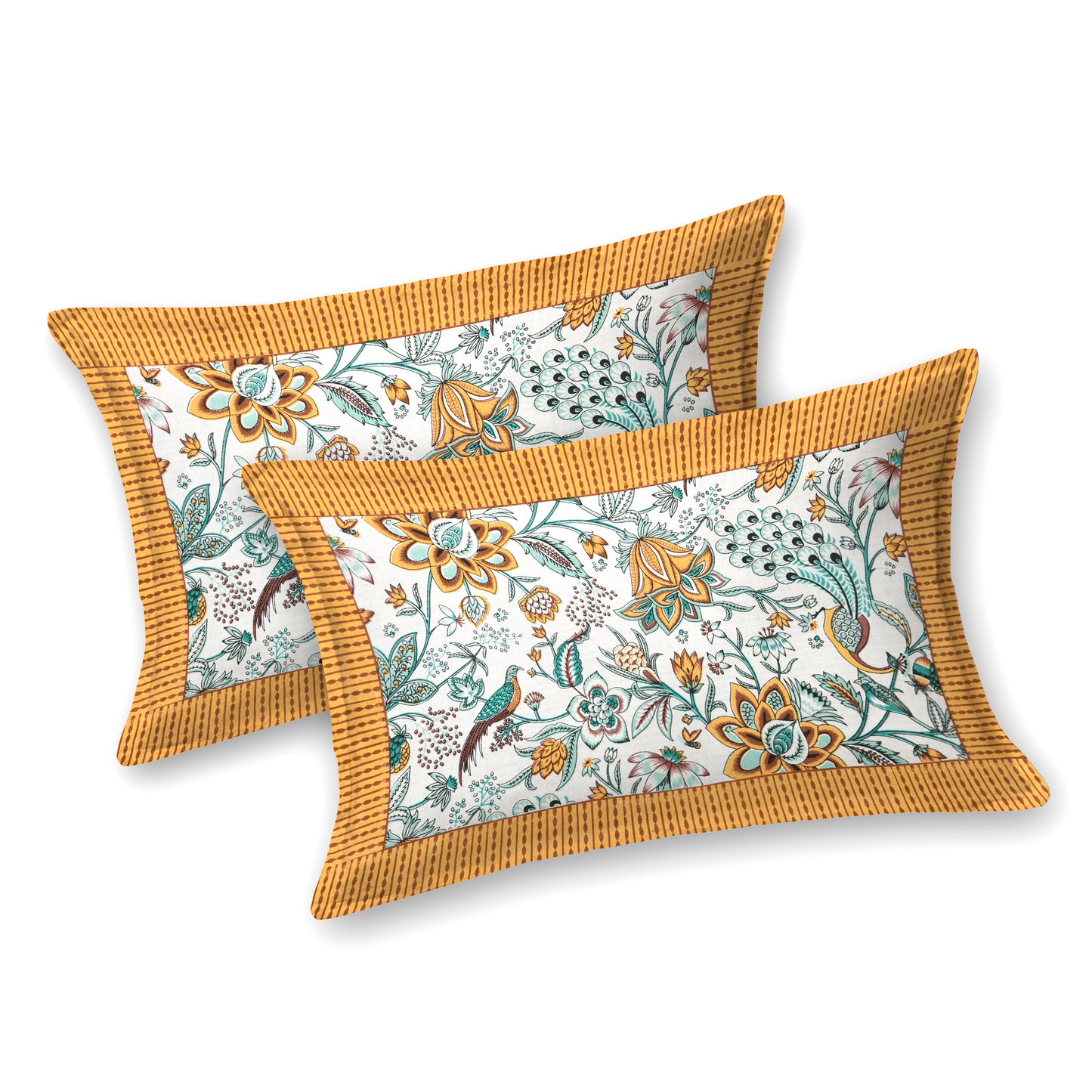 Mustard Yellow Jaipuri Floral & Peacock Print Cotton Bedsheet