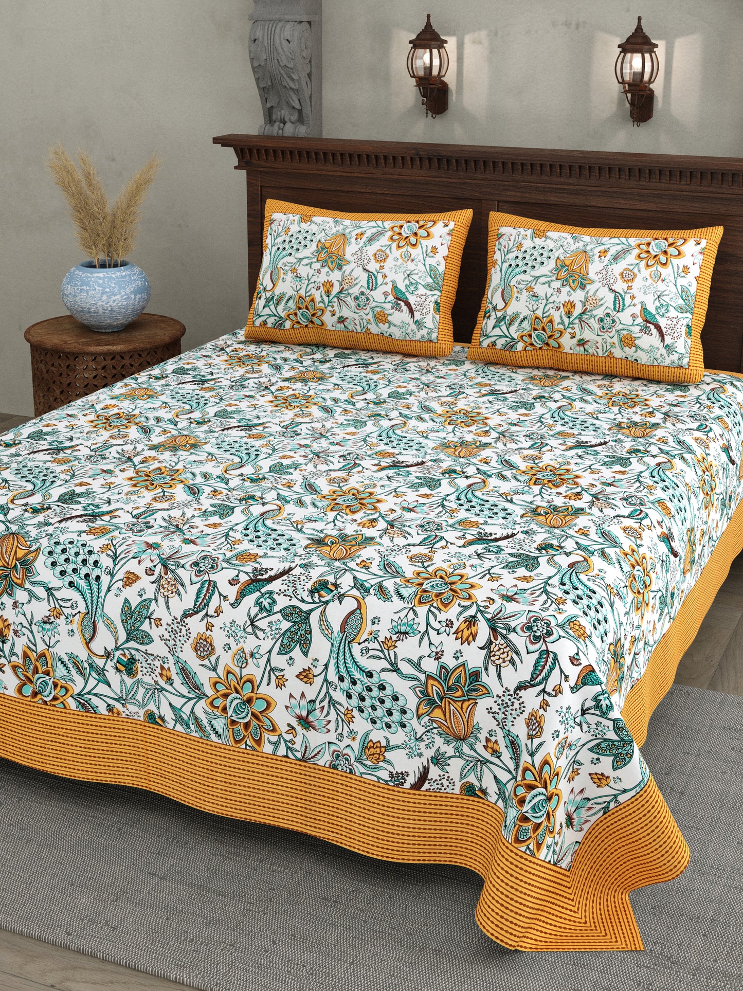Mustard Yellow Jaipuri Floral & Peacock Print Cotton Bedsheet
