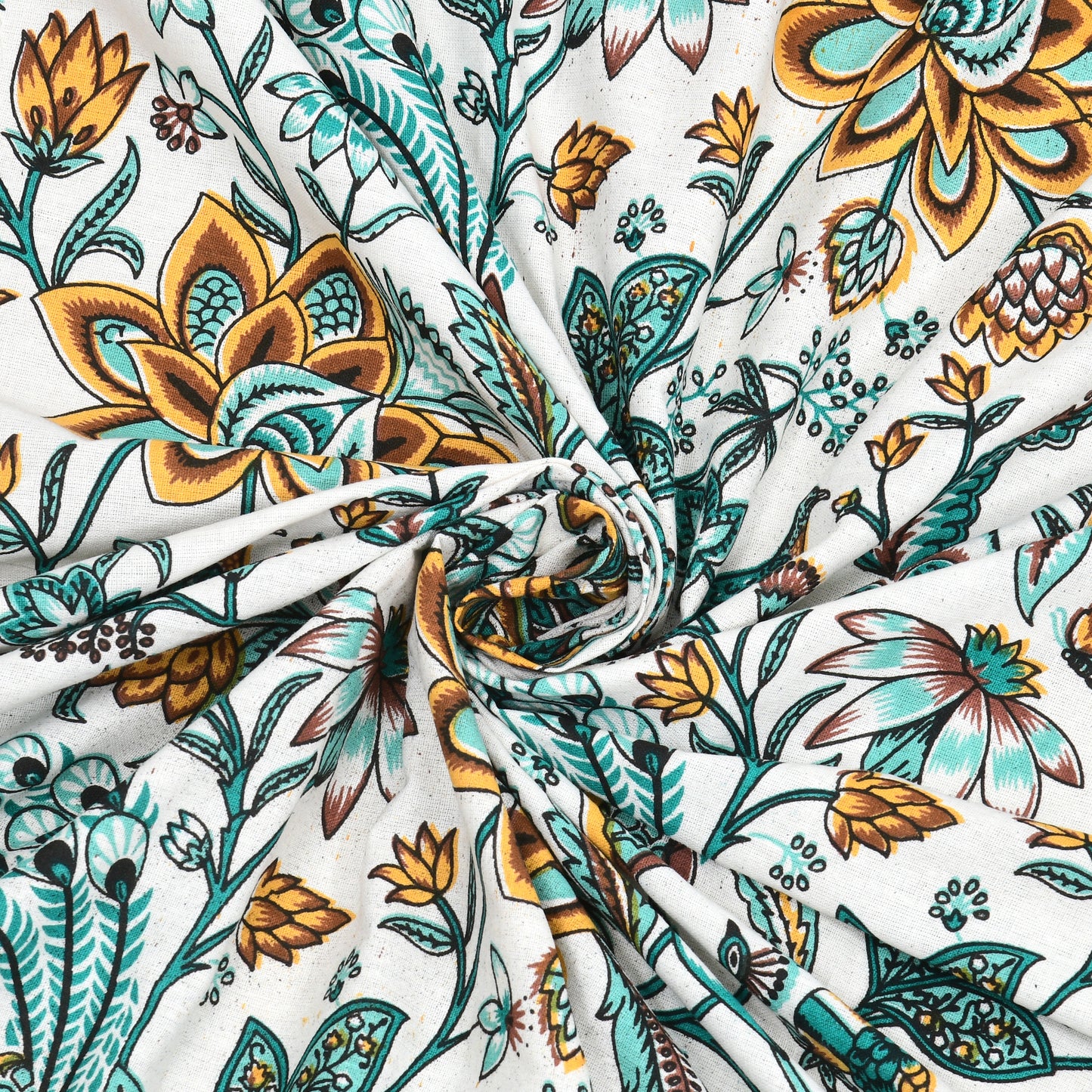 Mustard Yellow Jaipuri Floral & Peacock Print Cotton Bedsheet