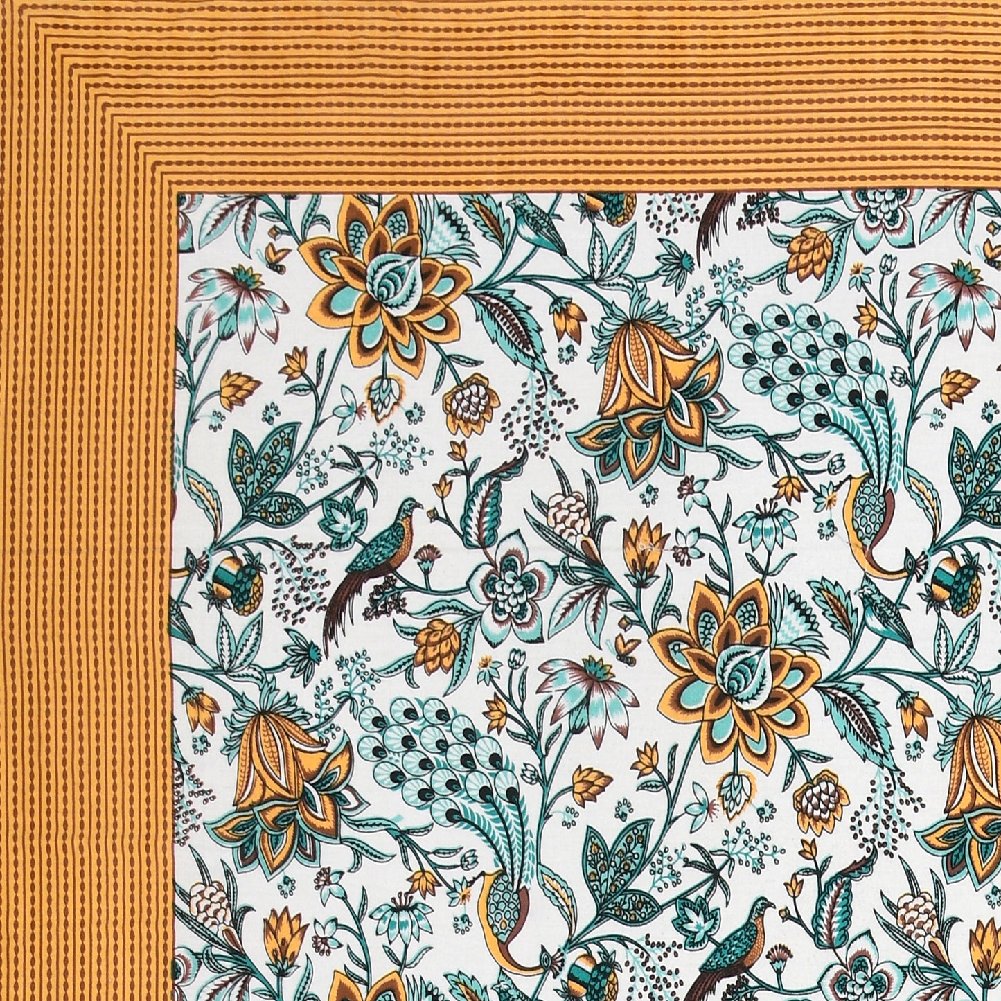 Mustard Yellow Jaipuri Floral & Peacock Print Cotton Bedsheet