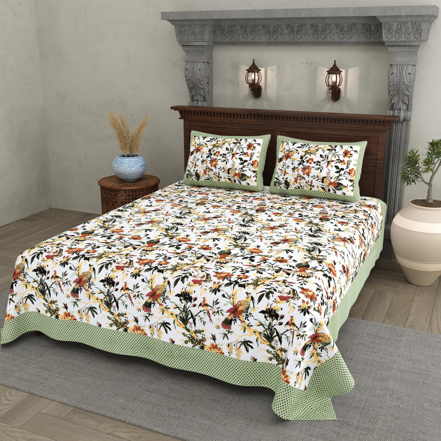 Tropical Bird & Floral Cotton Bedsheet – Green Border