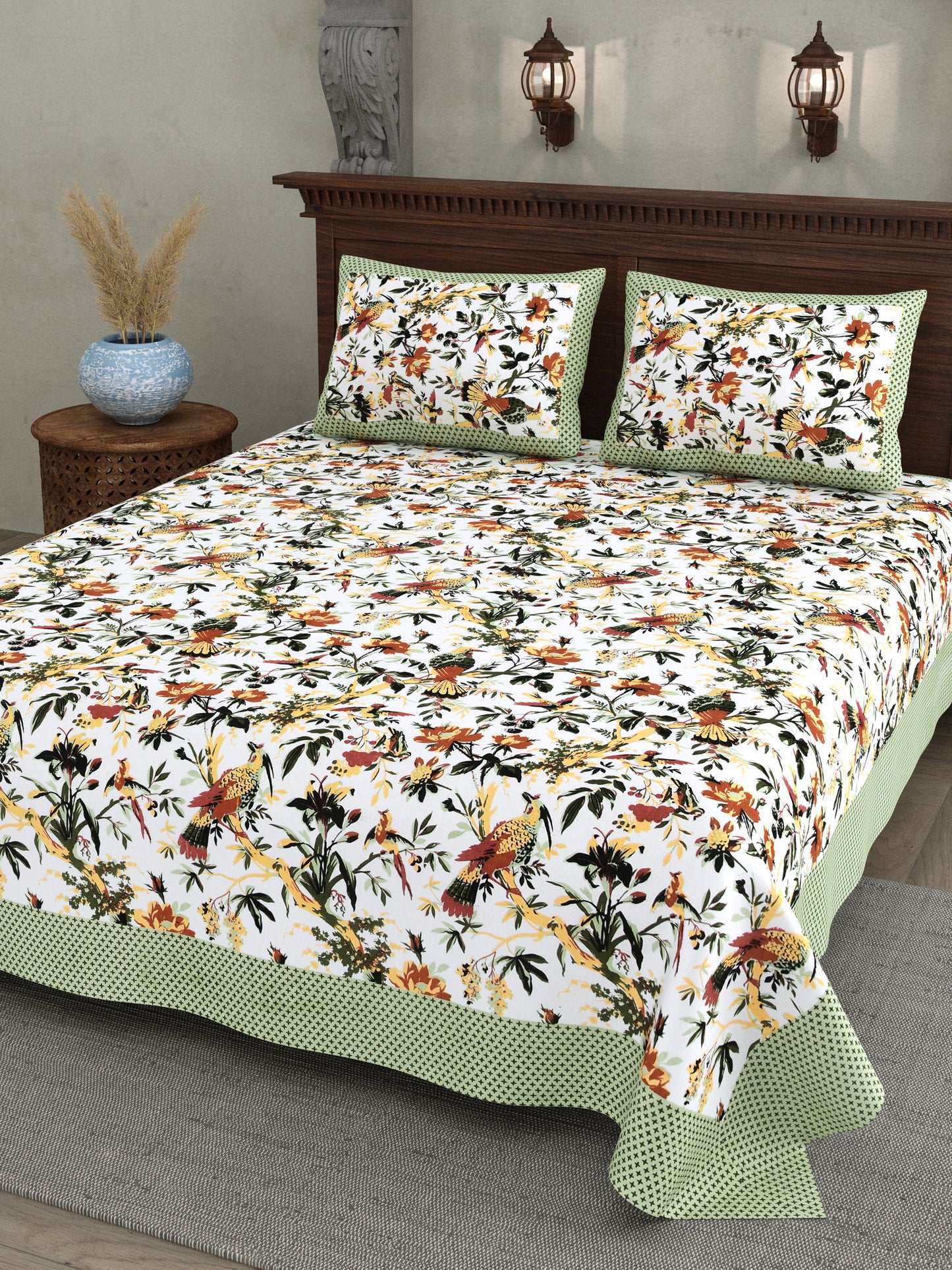 Tropical Bird & Floral Cotton Bedsheet – Green Border