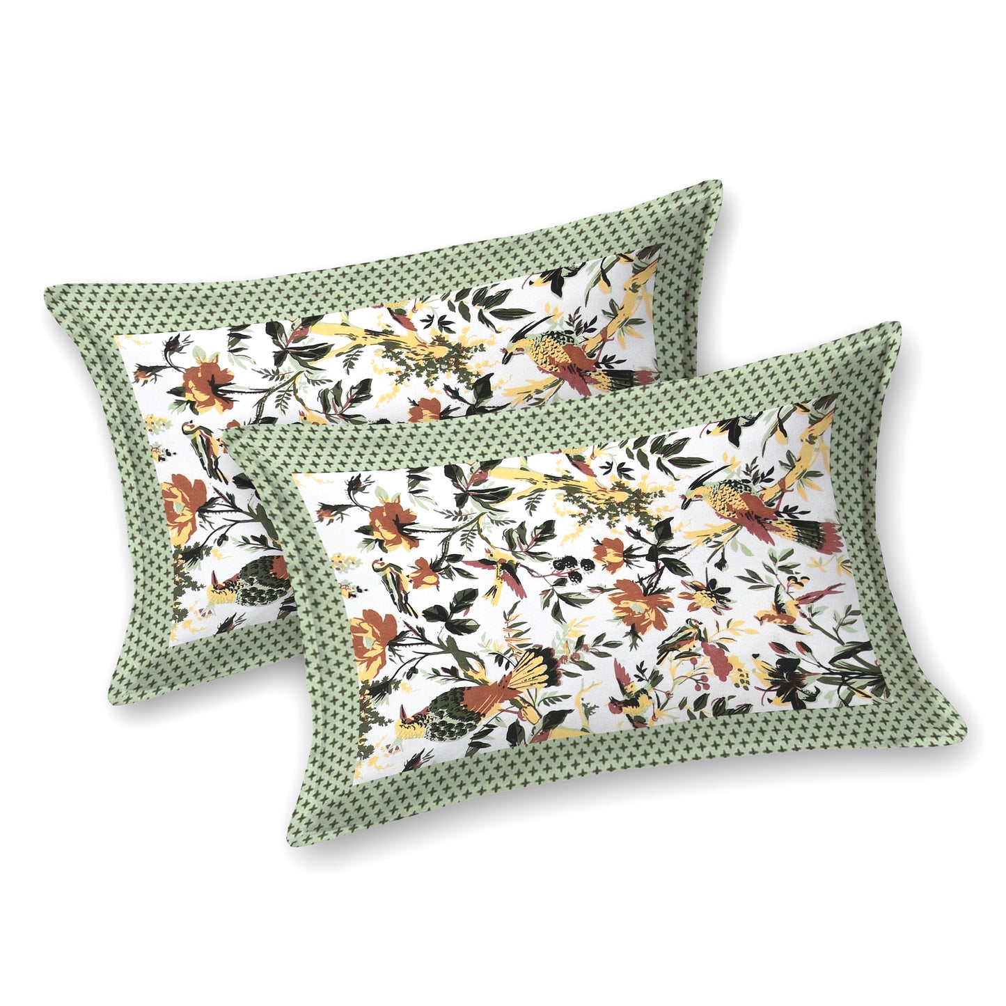 Tropical Bird & Floral Cotton Bedsheet – Green Border