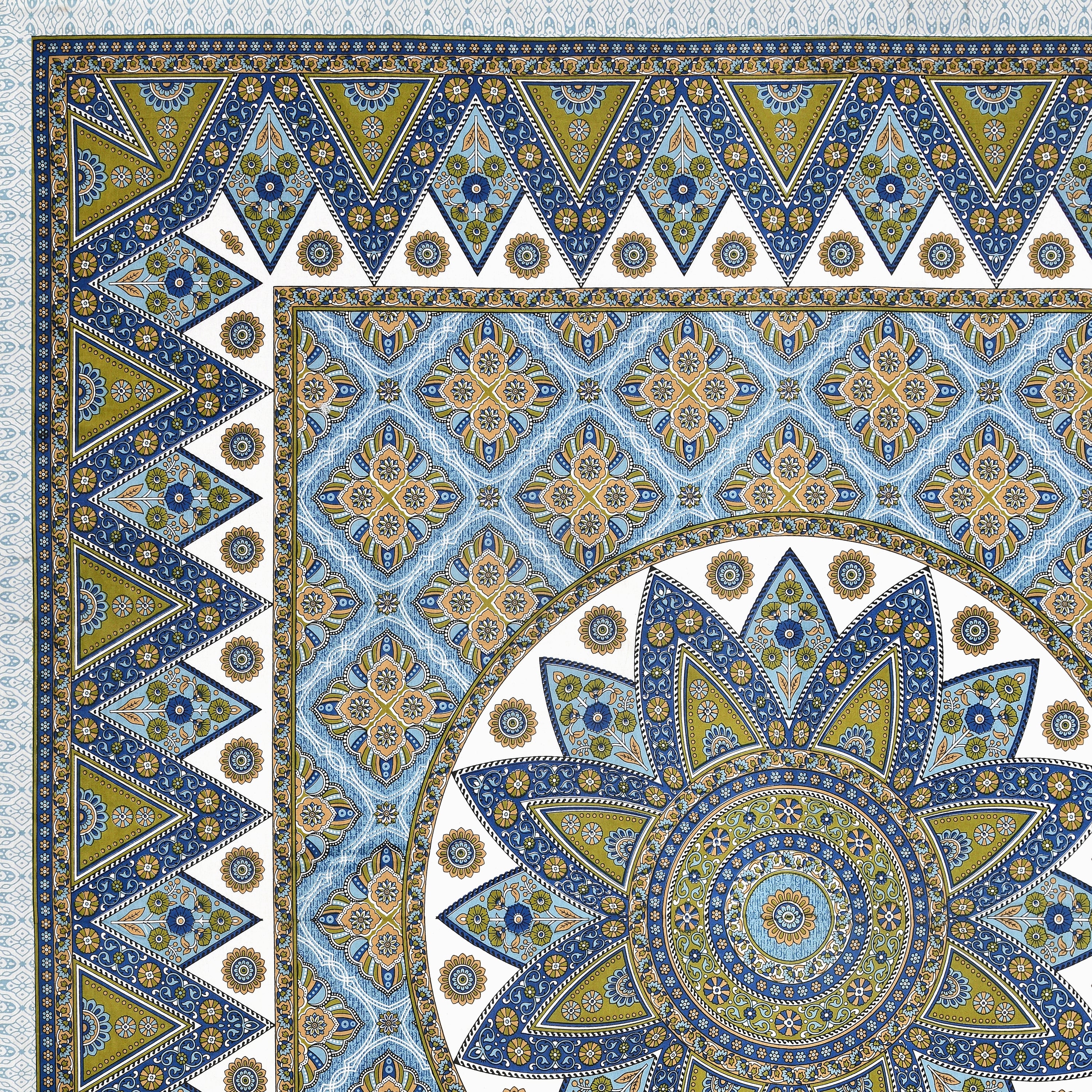 Mandala Art Cotton Bedsheet – Azure & Olive Royal Mosaic