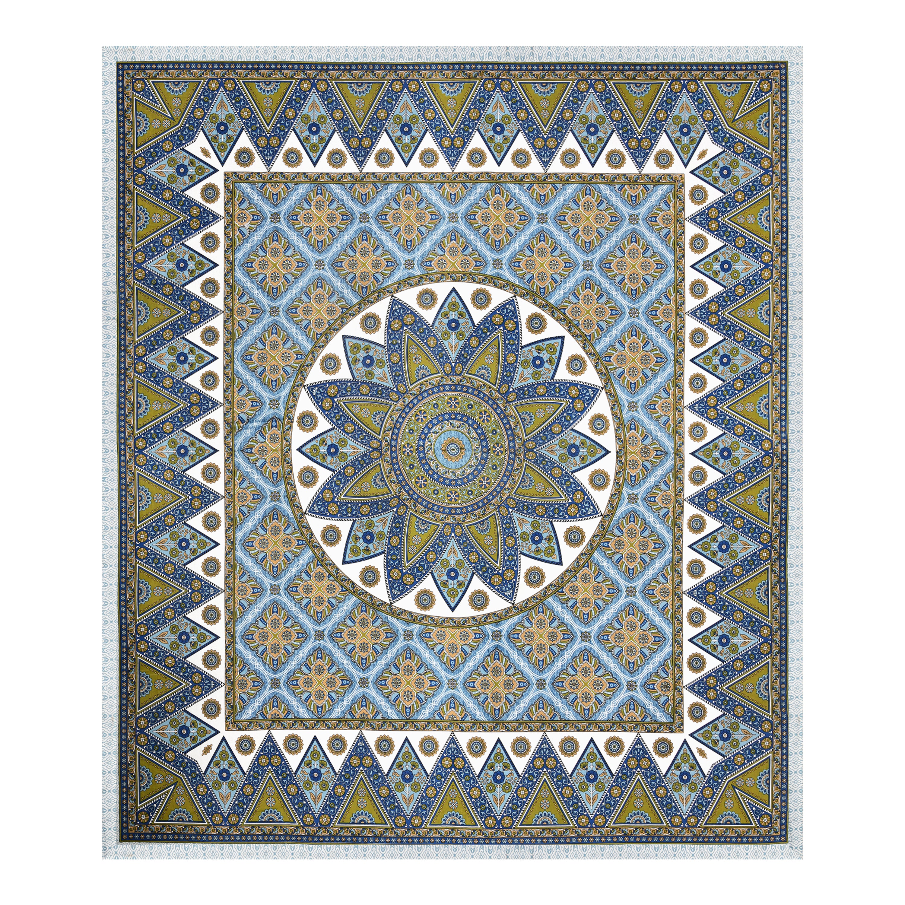 Mandala Art Cotton Bedsheet – Azure & Olive Royal Mosaic