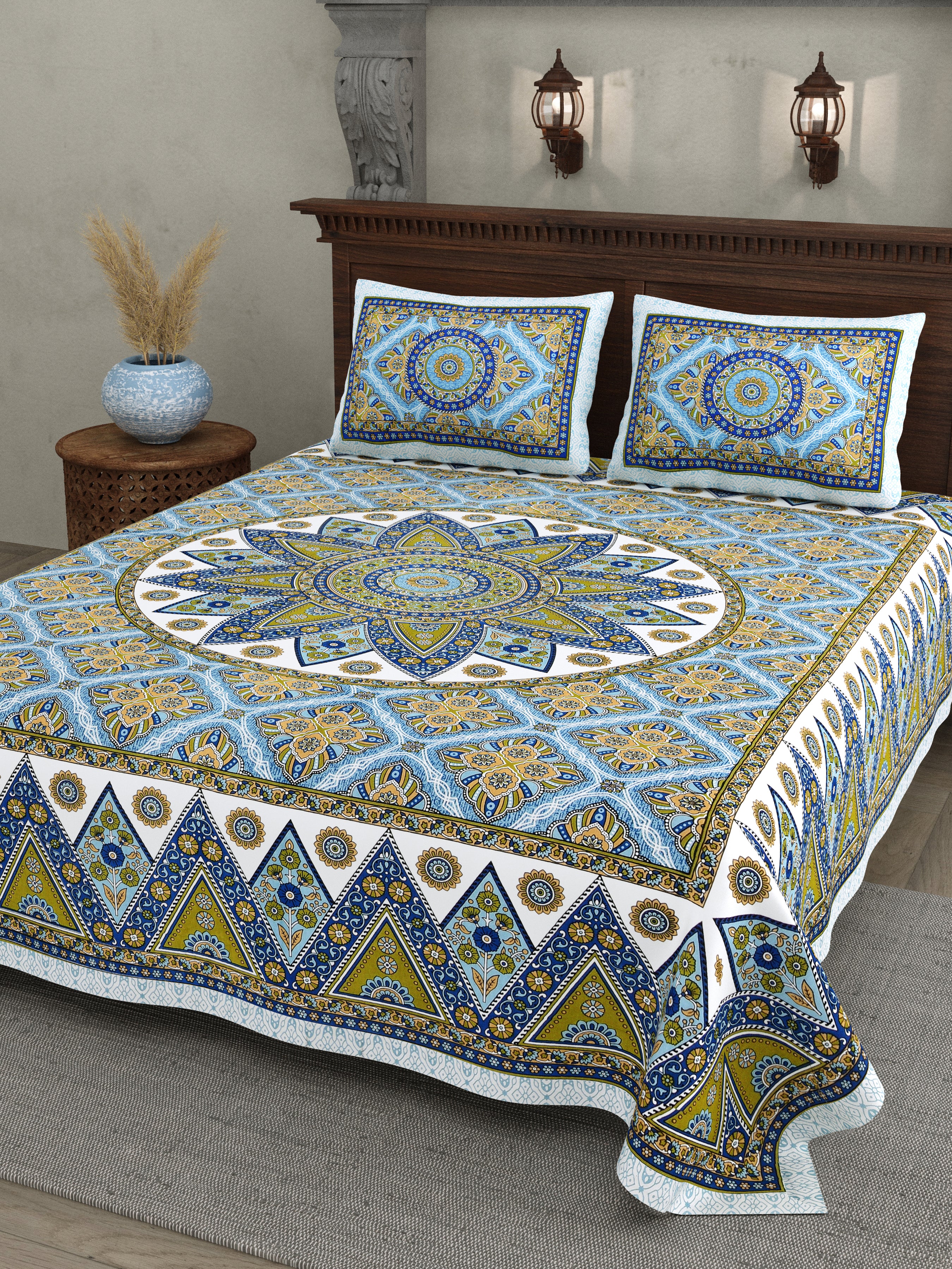 Mandala Art Cotton Bedsheet – Azure & Olive Royal Mosaic