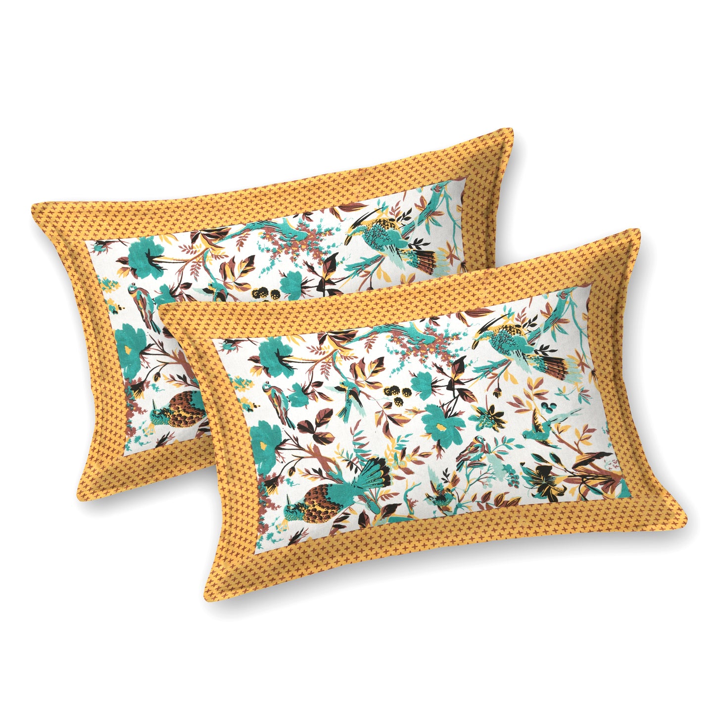 Luxury Floral Paradise Bedsheet – Mustard Border, Teal Flowers