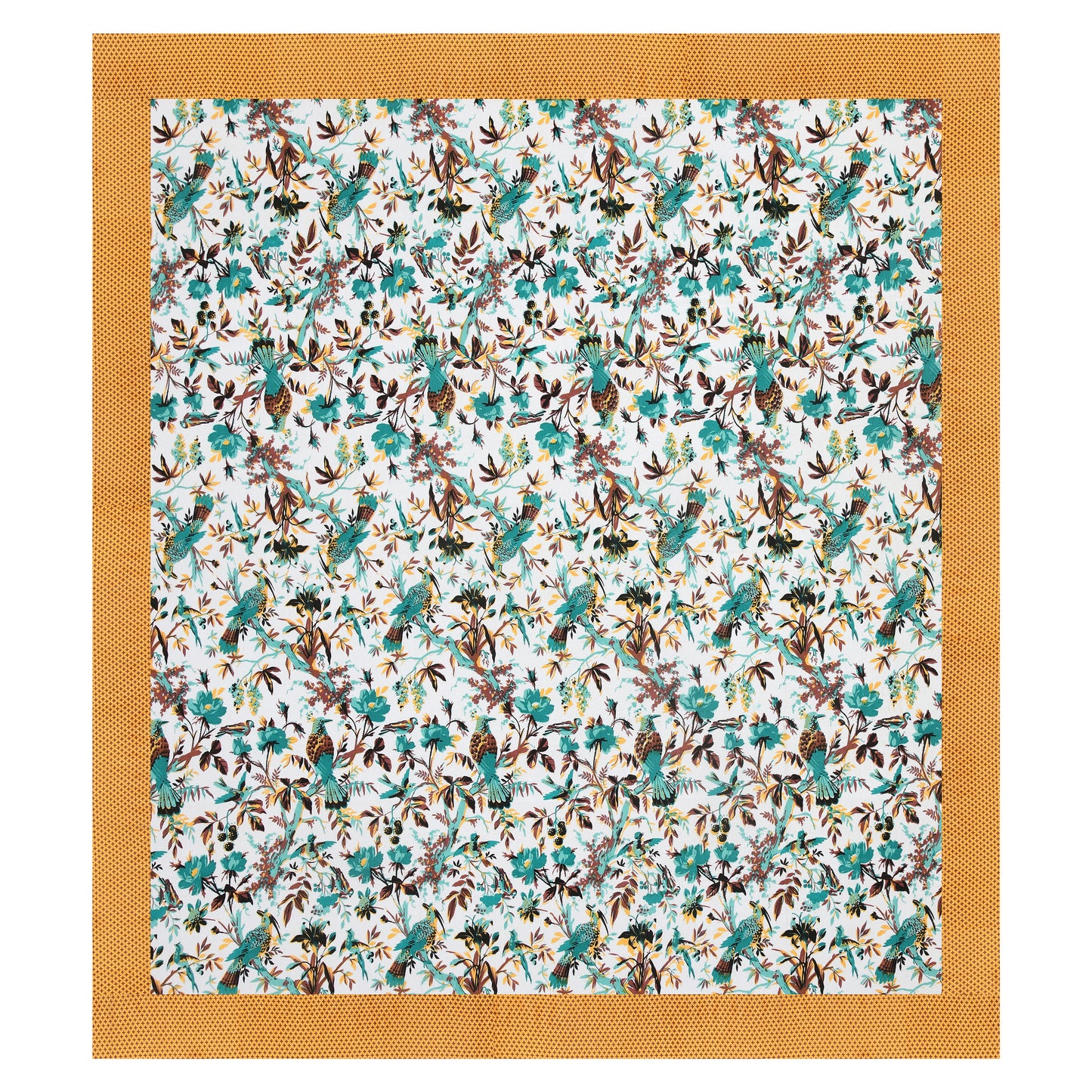 Luxury Floral Paradise Bedsheet – Mustard Border, Teal Flowers