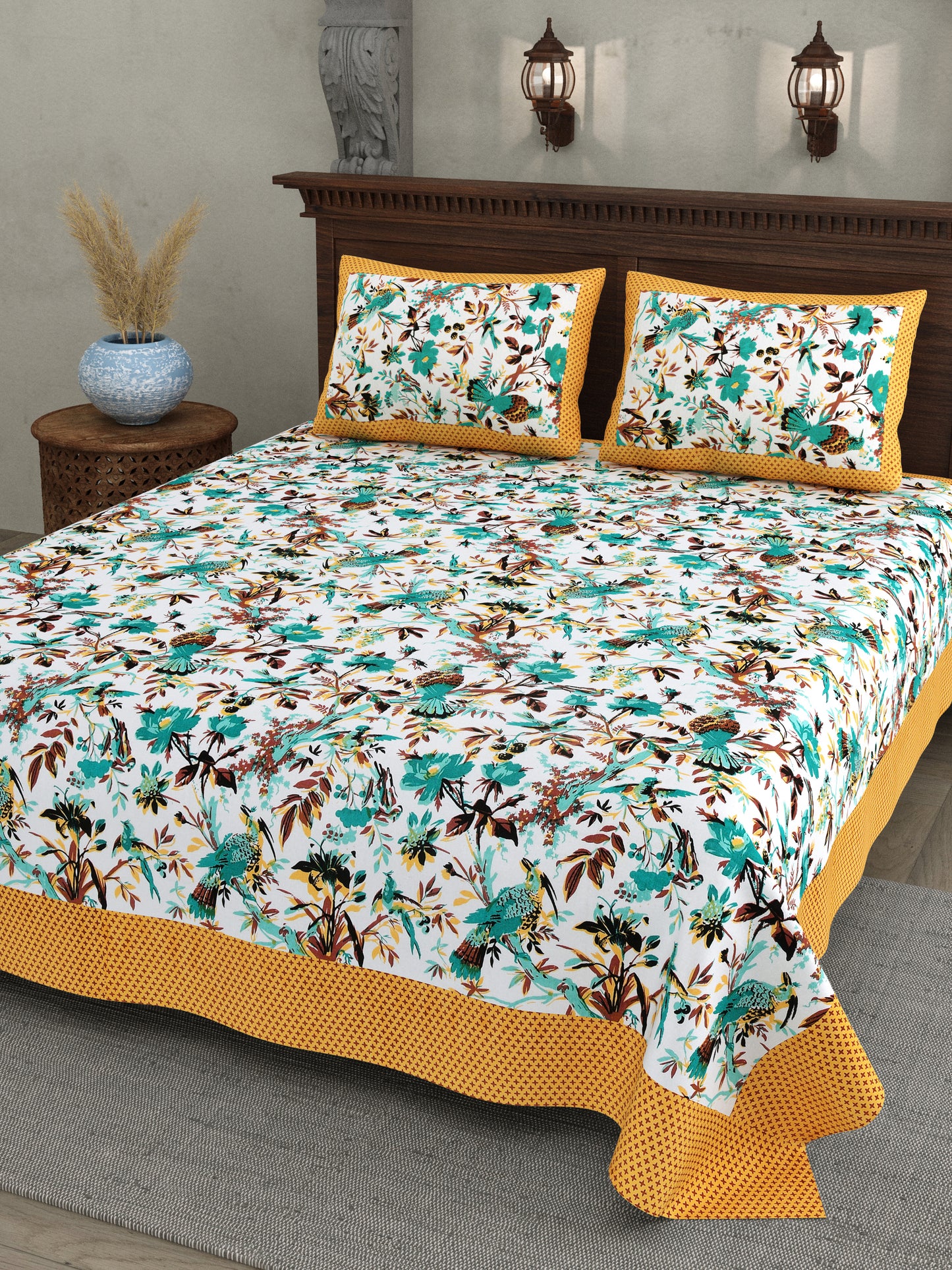 Luxury Floral Paradise Bedsheet – Mustard Border, Teal Flowers