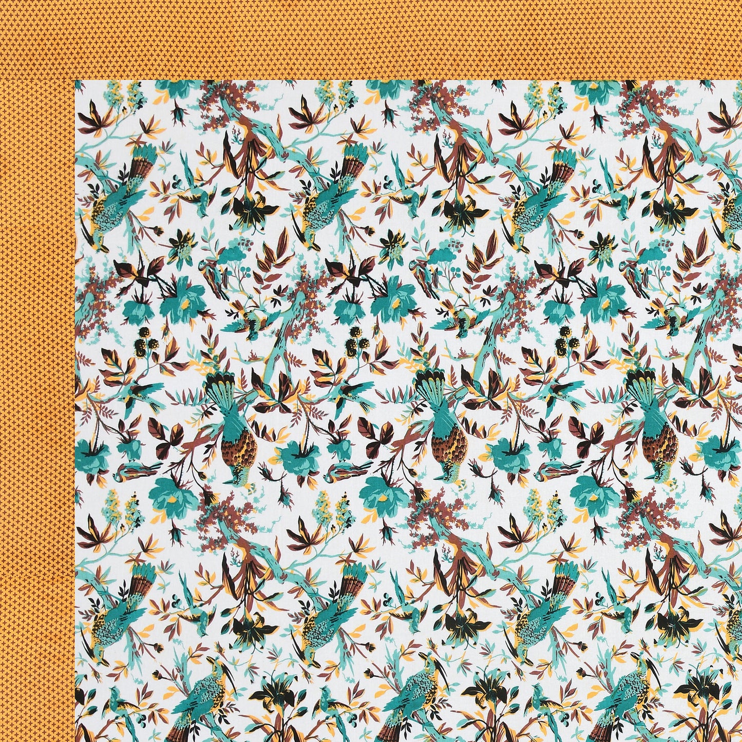 Luxury Floral Paradise Bedsheet – Mustard Border, Teal Flowers
